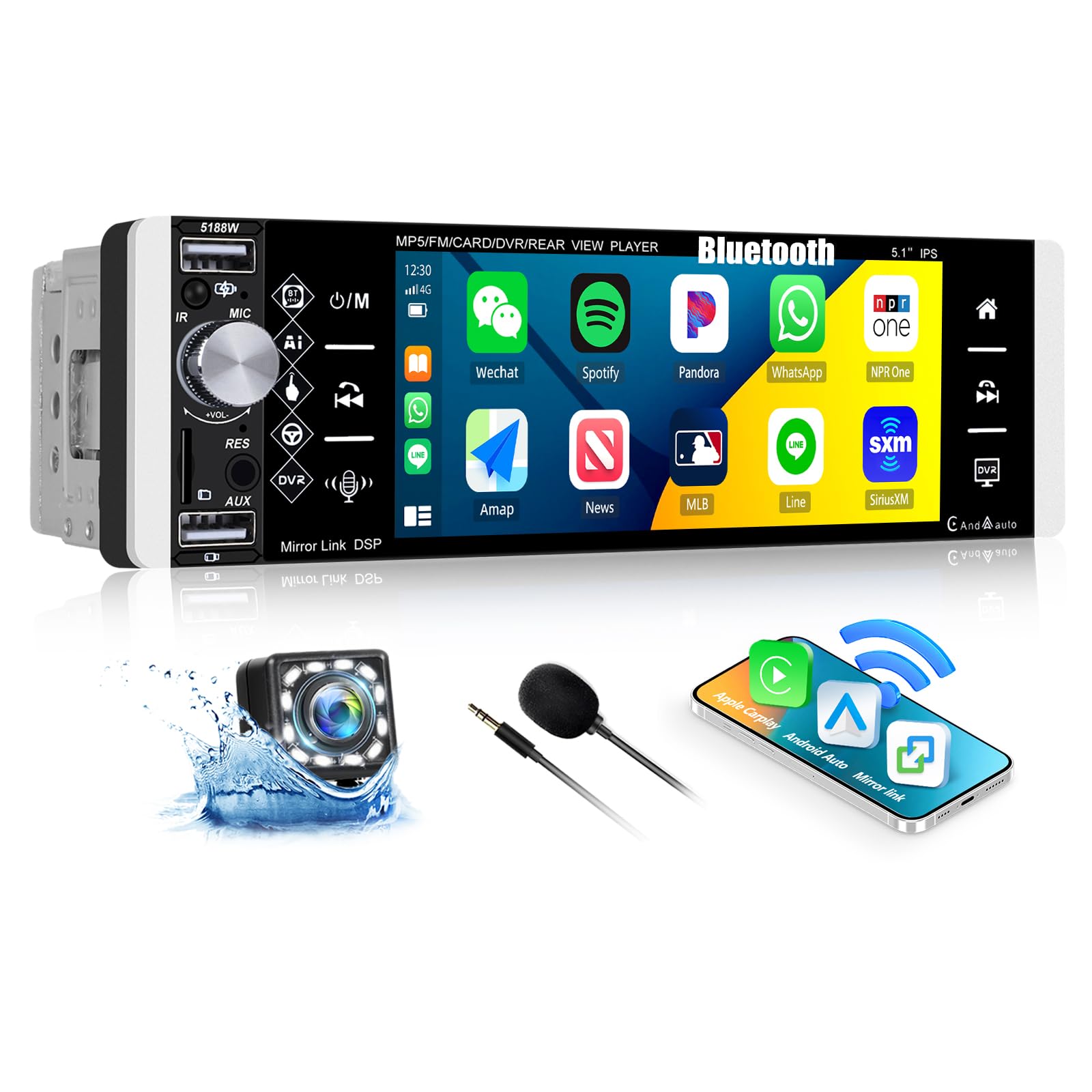 Autoradio 1 Din 5,1 Pollici Touch Con Wireless Apple Carplay E Android Auto, Bluetooth, FM RDS, Ingresso USB/AUX, Telecamera Posteriore E Microfono - 4