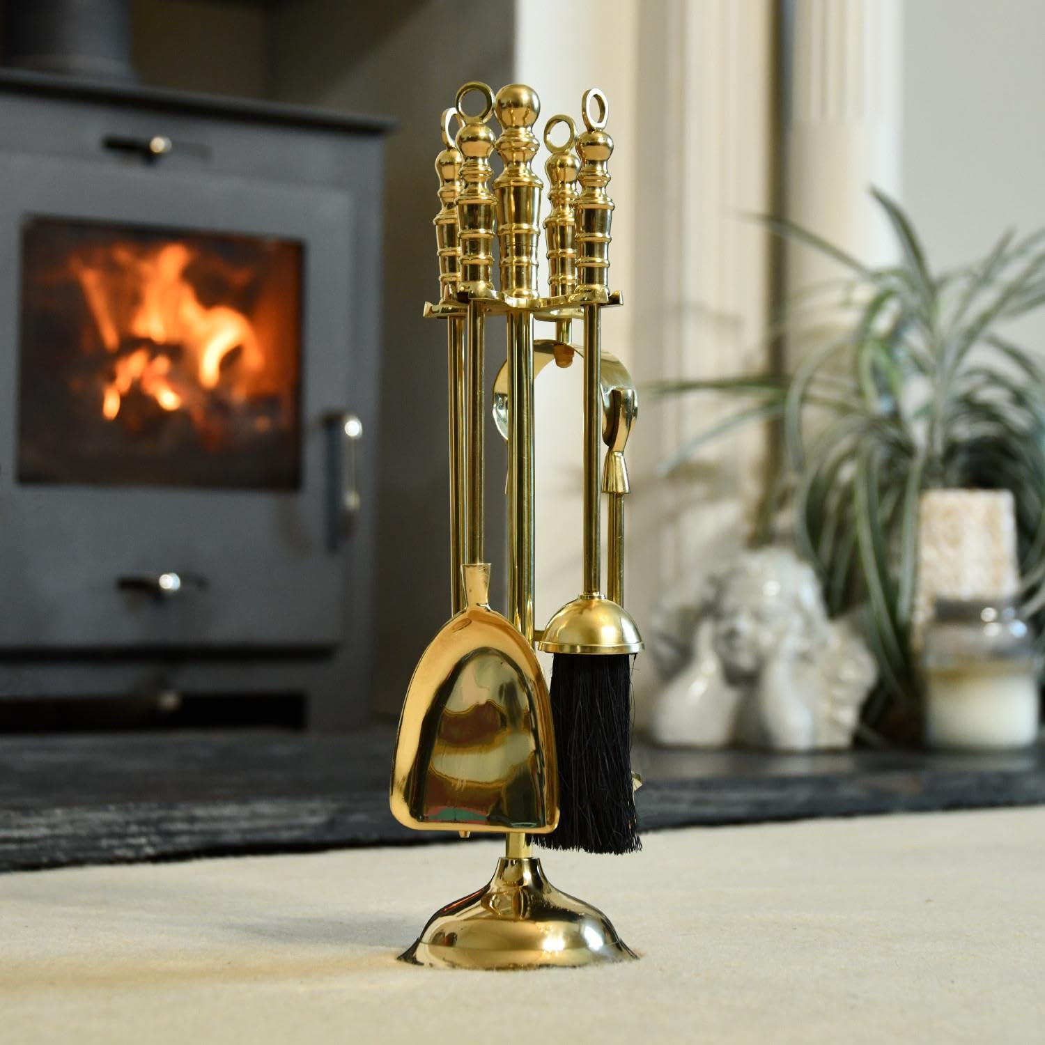 Black Country Metal Works 40cm Tall Deluxe Polished Brass Traditional Fireside Companion Set Fireplace Tool Set