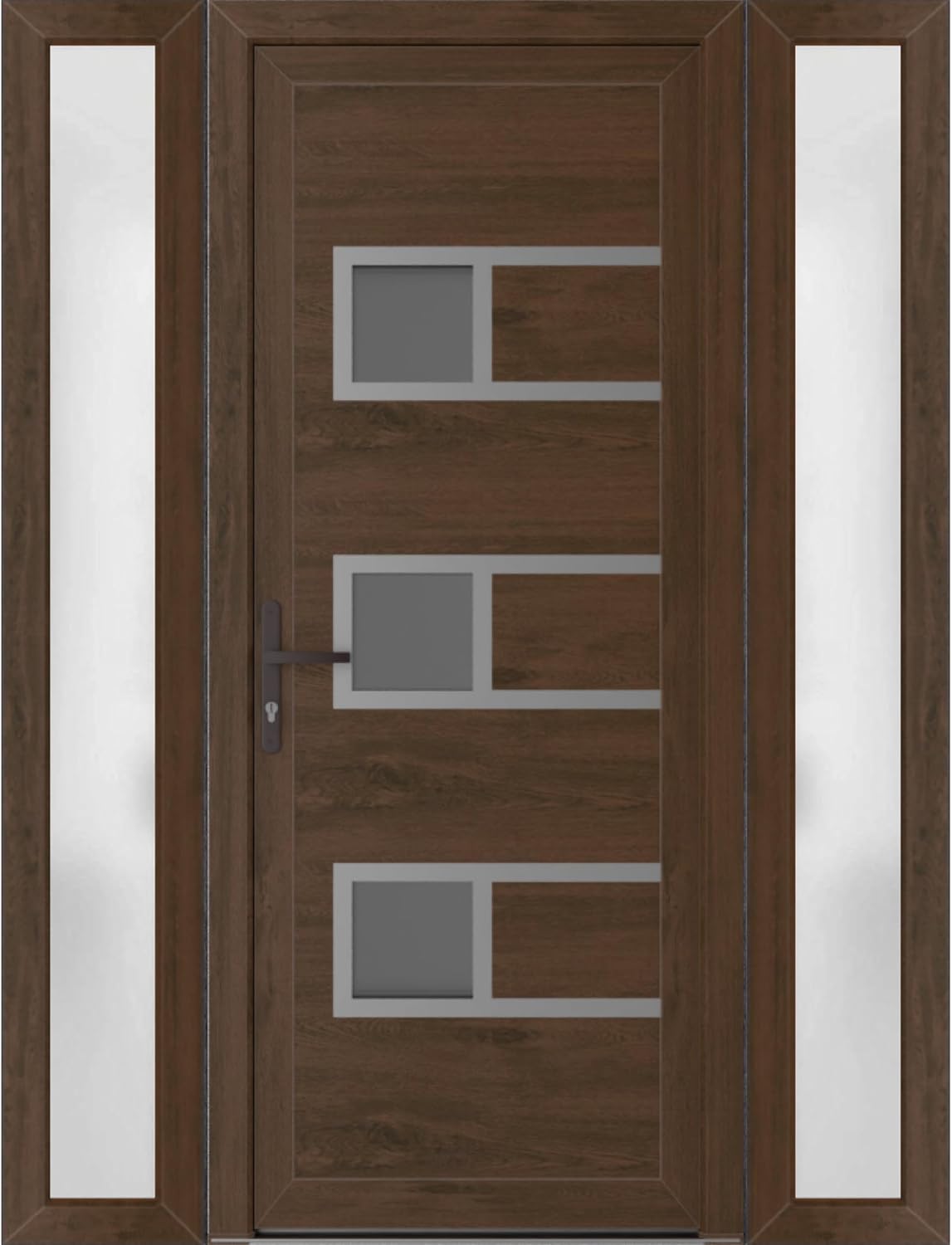 VDOMDOORS Front Exterior Prehung Metal-Plastic Door Frosted Glass | Manux 8933 Walnut | 2 Side Sidelite Transoms | Residential Doors Entrance Patio Garage 68 x 80 (W16+36+16 x H80) Right-Inswing