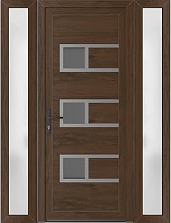VDOMDOORS Front Exterior Prehung Metal-Plastic Door Frosted Glass | Manux 8933 Walnut | 2 Side Sidelite Transoms | Residential Doors Entrance Patio Garage 54 x 80 (W12+30+12 x H80) Right-Inswing