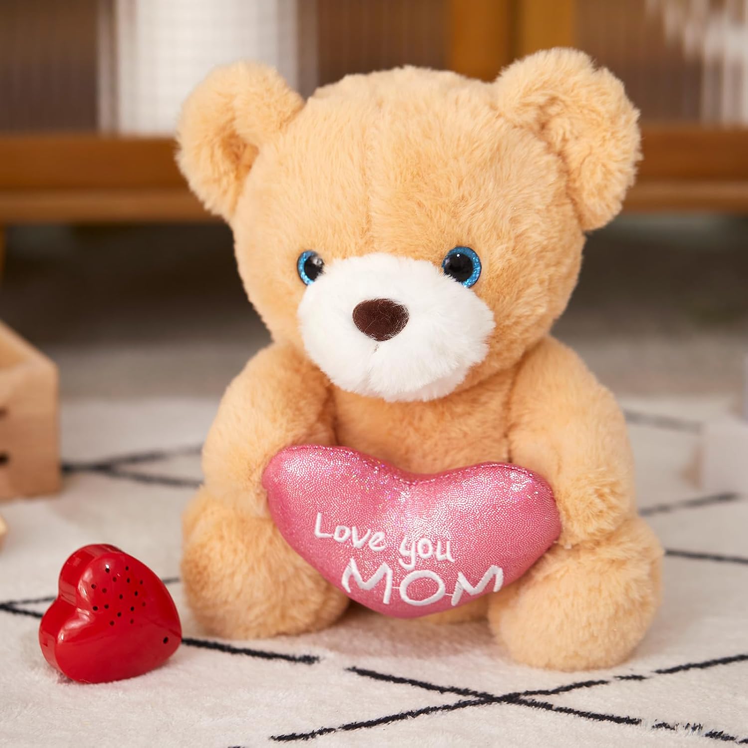 Mother's Day Recordable Heartbeat Bear Stuffed Animals, Love You Mom Bear with Heart, Sweet Messages Recorder Soft Plush Toy Playback Your Words Gifts for Mother's Day Mom, 10"