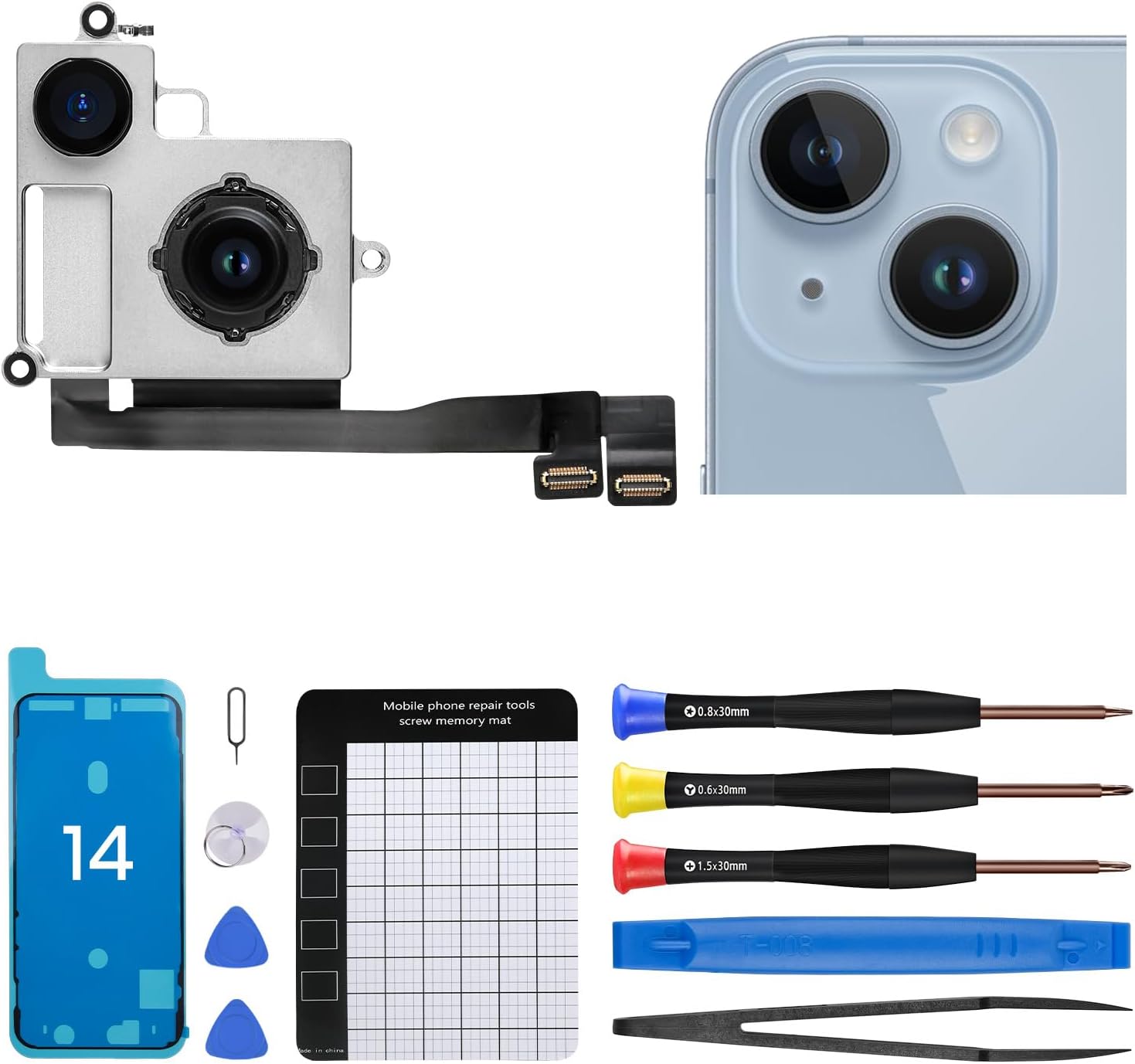 for iPhone 14 Rear Camera Replacement for iPhone14 12MP Smart HDR Main Back Camera Replace Full Repair Tools Kit with Magnetic Pad Screwdriver A2649 A2881 A2882 A2883 A2884