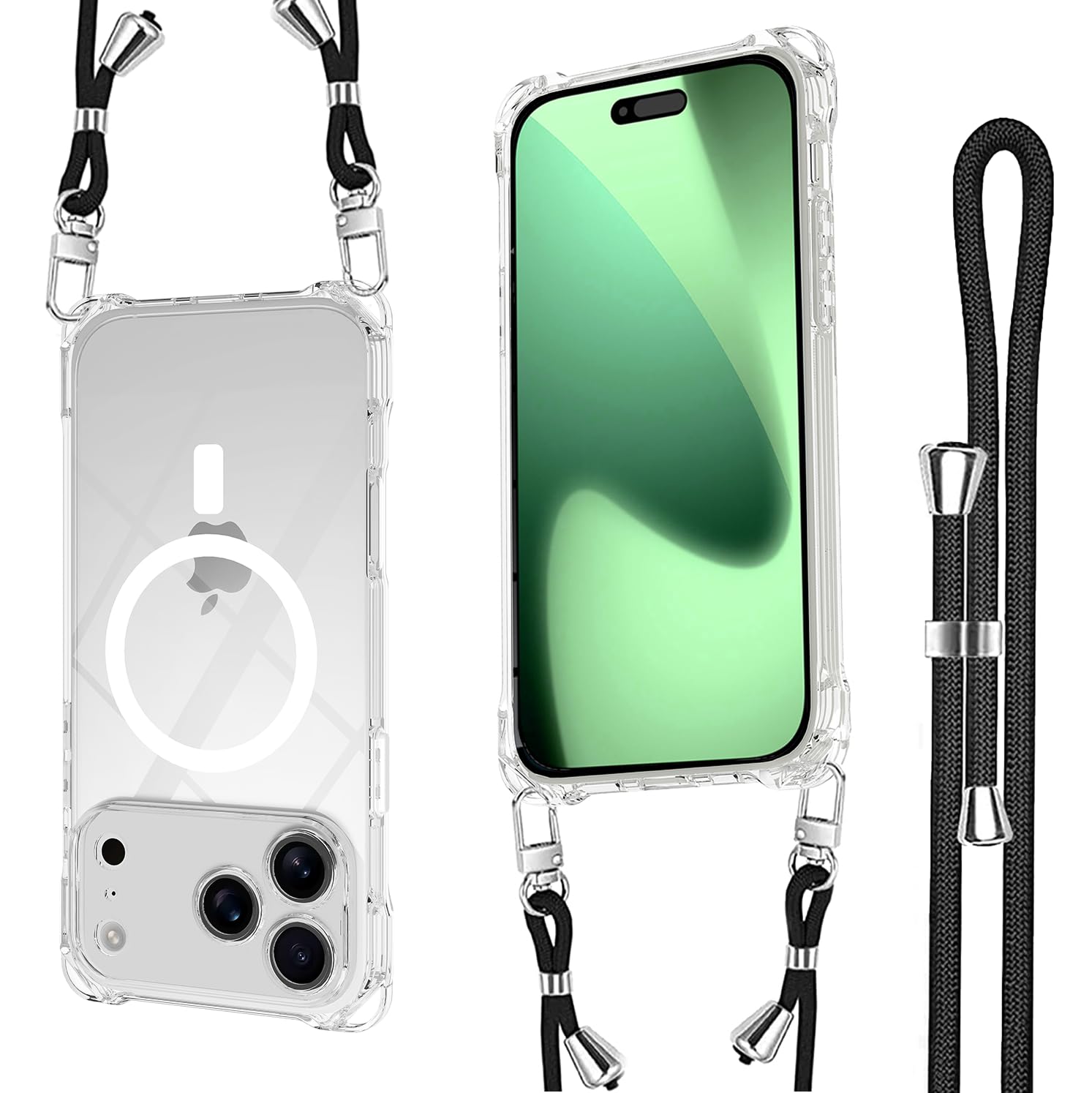 iPhone17pro ケース Magsafe対応 マグネット搭載 アイフォン17プロ ケース ショルダー ストラップ1枚付き 紐付き 首掛け 肩がけ 斜め掛け 長さ調整可能iPhone17pro カバ－ストラップホール付き 耐衝撃 シリコン 柔軟 透明TPU 超軽量 極薄 滑り止め スマホケース 取り外し可能 落下防止 ワイヤレス充電対応 クリア
