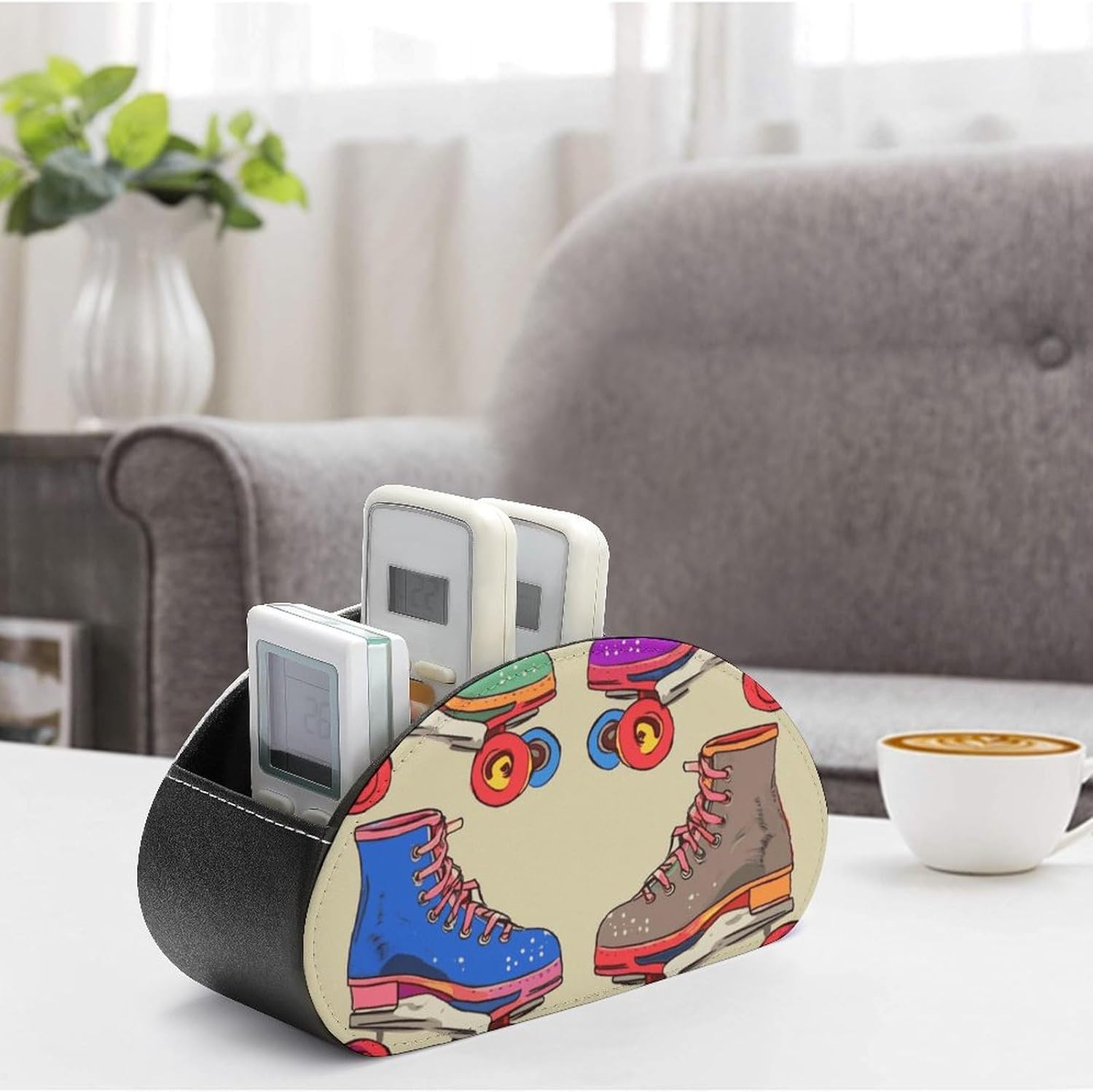 PU Leather Remote Control Organizer Box 5-Slot Multifunctional Retro Colorful Roller Skates Storage Holder for TV/DVD/Accessories Stylish Desk Decor for Living Room, Bedroom, Office image 4