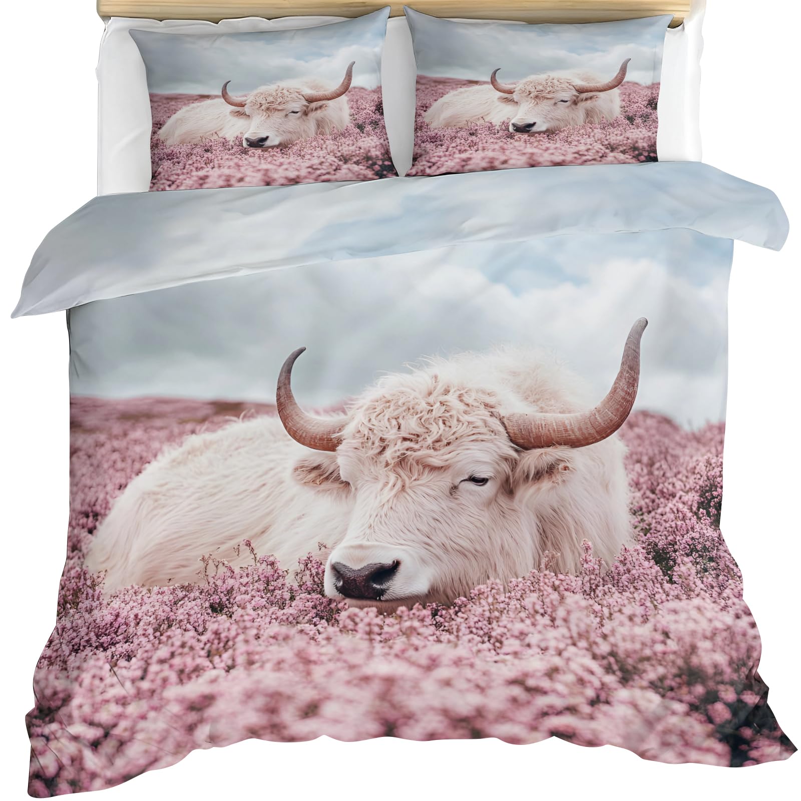 YEMYOR Highland Cattle Comforter Cover, Highland Cow Flower Duvet Cover 230x220 cm, Pink Flower Field Bedding Set with 2 Pillowcases