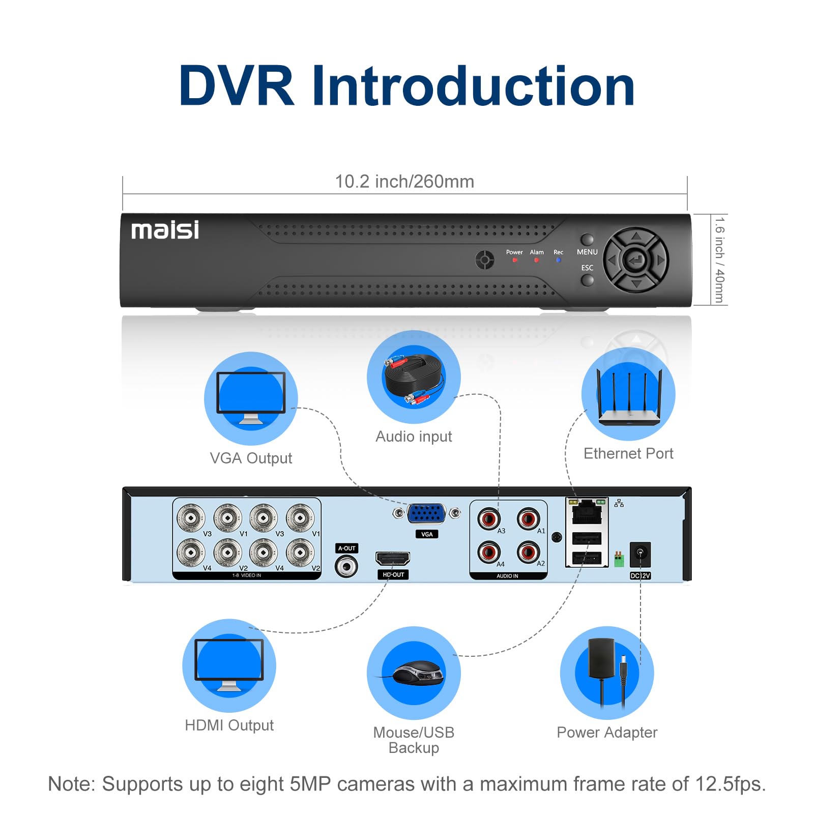 maisi 3K Lite Enregistreur DVR 8 canaux avec disque dur de 500 Go de stockage pour système de caméra de vidéosurveillance, prend en charge les caméras AHD/CVI/TVI/IP/CVBS (analogique), détection de