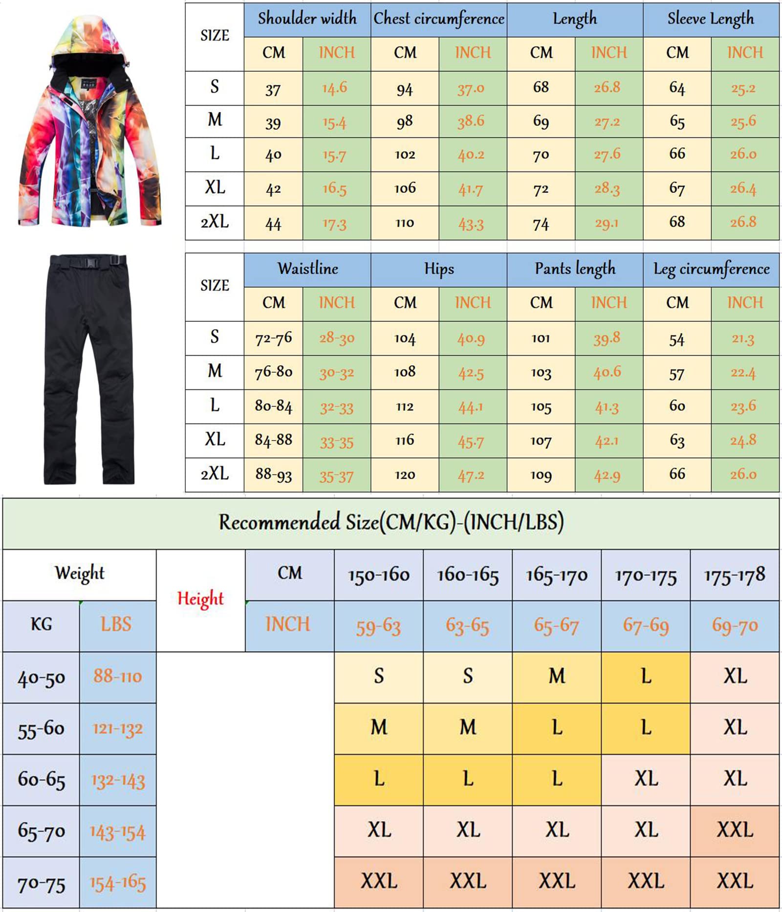 Skianzug für Damen, Winterjacke und Skihose, bunt, Snowboard, Jacke und Hose mit Trägern, wasserdicht, mit Kapuze, Schneeanzug