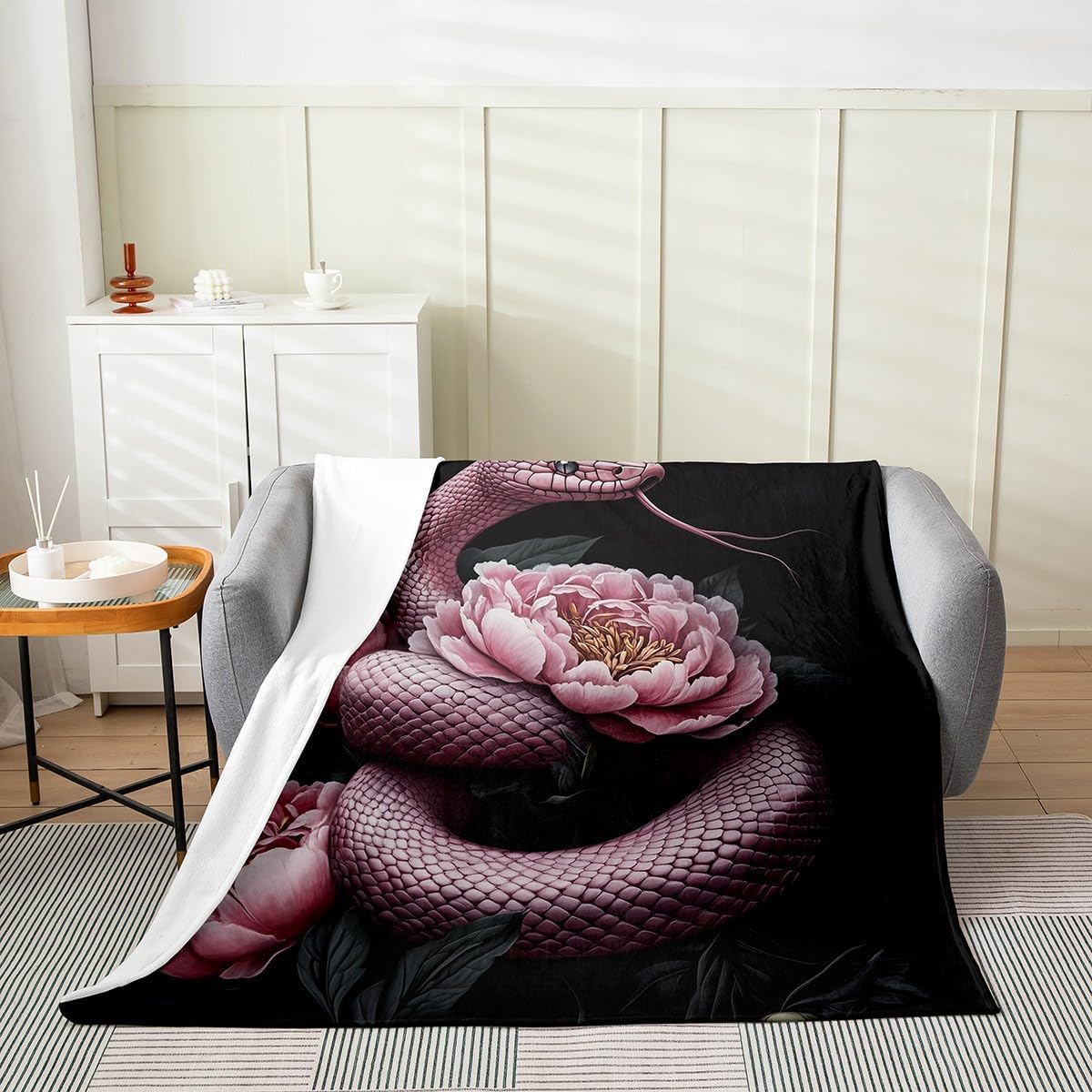 Snake Fleece Blanket 3D Coiled Snake Pink Reptile Blankets for Kids Teens Present Luxury Peony Flower Throw Blanket Wildlife Twin 60x80 Inch Living Room Decor Flannel Blankets image 2