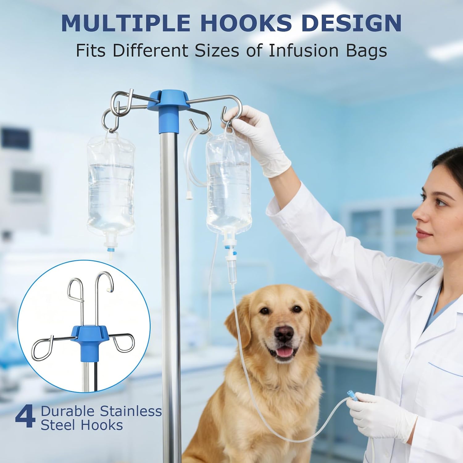Adjustable IV Pole Portable Stand with Wheels, 52.3" to 70.8" Stainless Steel IV Stand with Tray and 4 Hooks, 5-Wheel Base