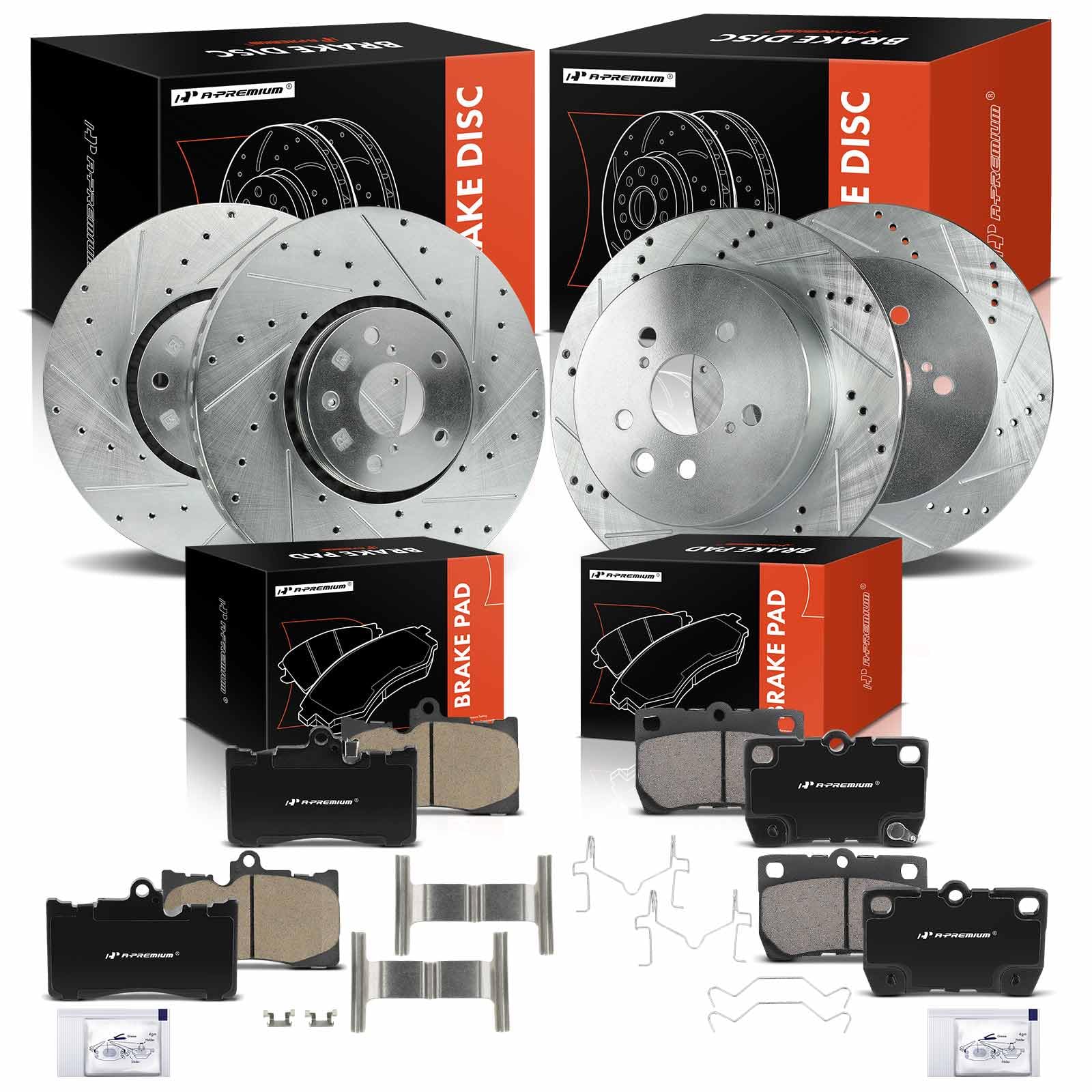 A-Premium Front and Rear Drilled and Slotted Disc Brake Rotors + Ceramic Pads Kit Compatible with Lexus Models - IS350 2006-2009 2010-2013, GS350 2007