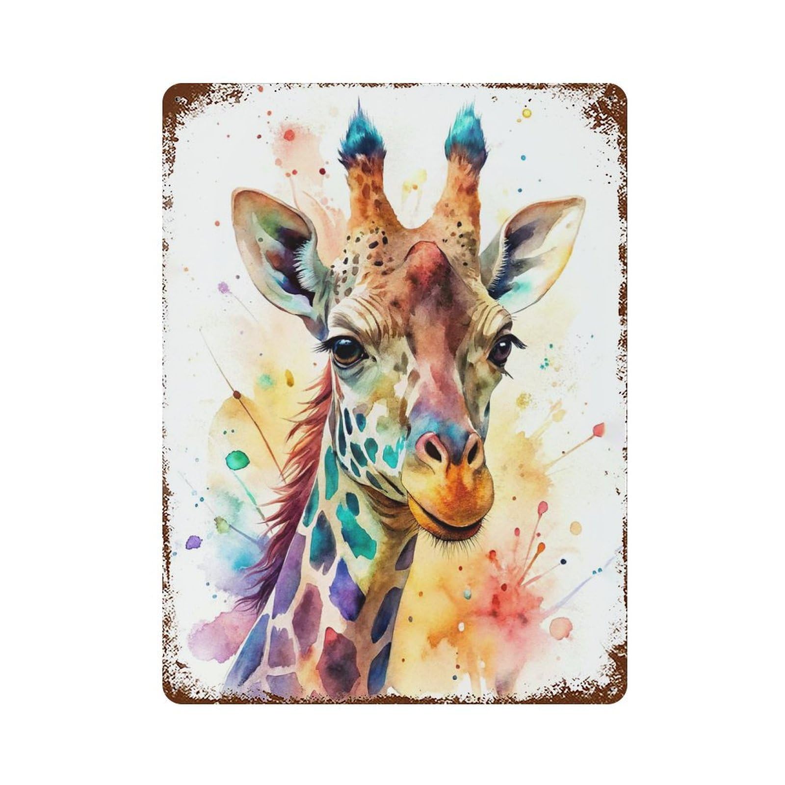 Garage Style Watercolor Giraffe Portrait Distressed Metal Wall Sign 15.7"x11.8", Shabby Chic Decor for Bar And Workshop