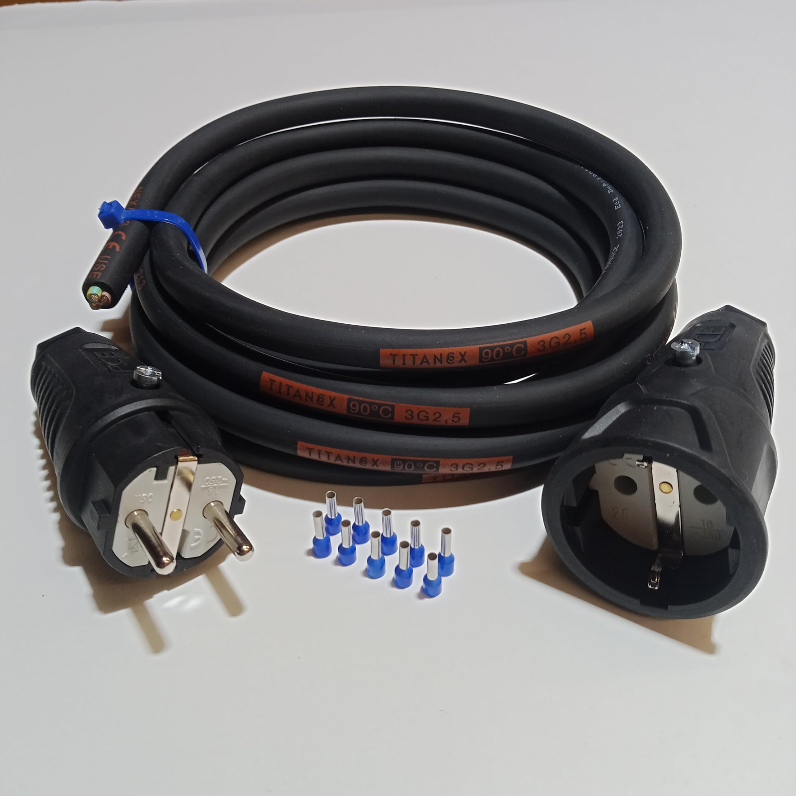 Bausatz Verlängerungskabel H07RN-F Set Titanex-Gummikabel 3x2,5mm² (1,5m-50m) + PCE-Stecker + PCE-Kupplung + 10 Aderendhülsen DIY (15 Meter)