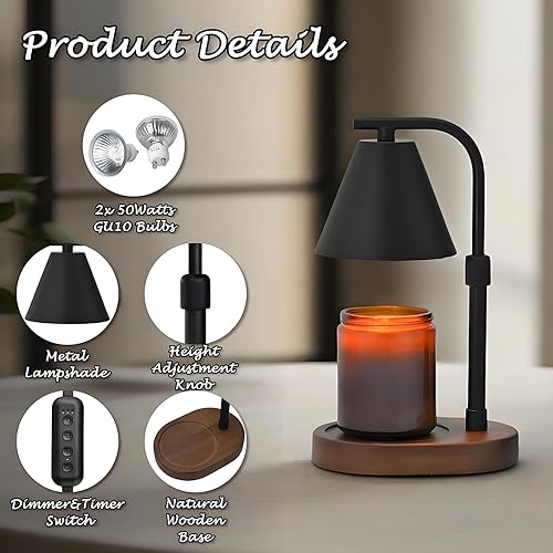 Miniatura 4 de SOKCVSEA Lámpara Calentadora de Velas con Temporizador y Altura Ajustable, Regalos de Cumpleaños para Mujeres Regalos para Mamá, Regalos de G-black