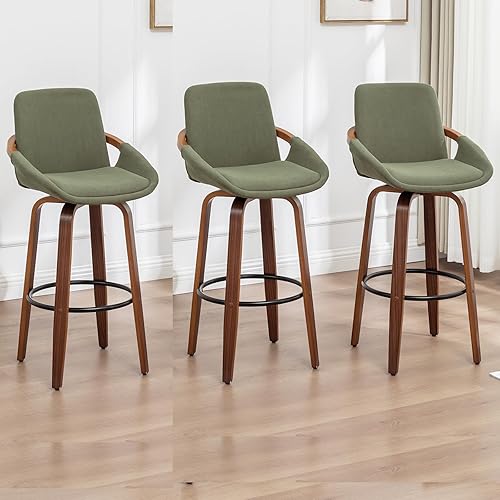 Miniatura 7 de LUNLING Taburetes de bar de altura de barra de 29.5 pulgadas, sillas de bar retro modernas de mediados de siglo, tapizado de tela de pana verde y