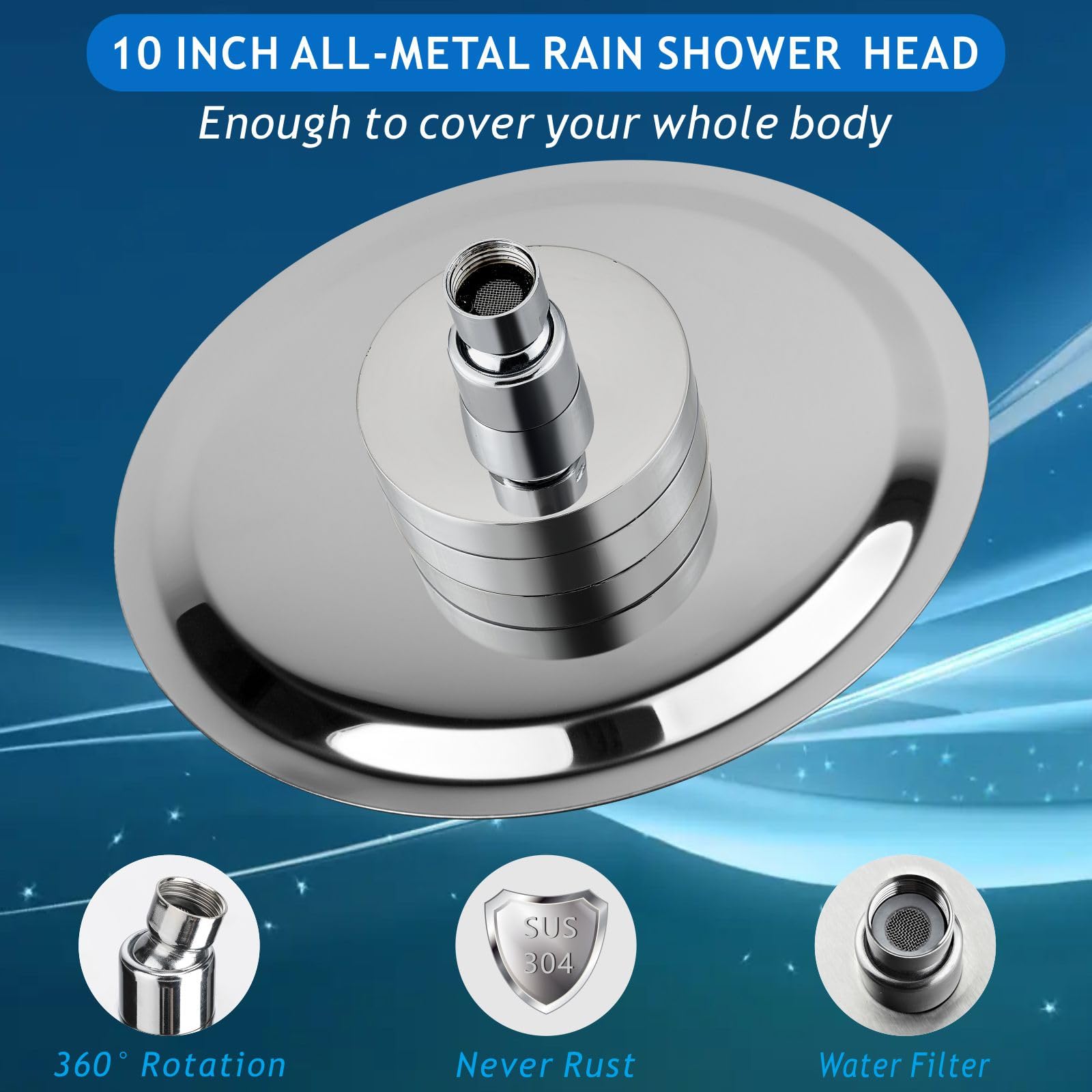 Cabezal de Ducha de Lluvia Voolan con Cabezales de Ducha de Lluvia Grandes, Filtrados y de Alto Caudal, Fabricados en Acero Inoxidable, Filtro de Cabezal de Ducha en Cascada, 25cm Redondo