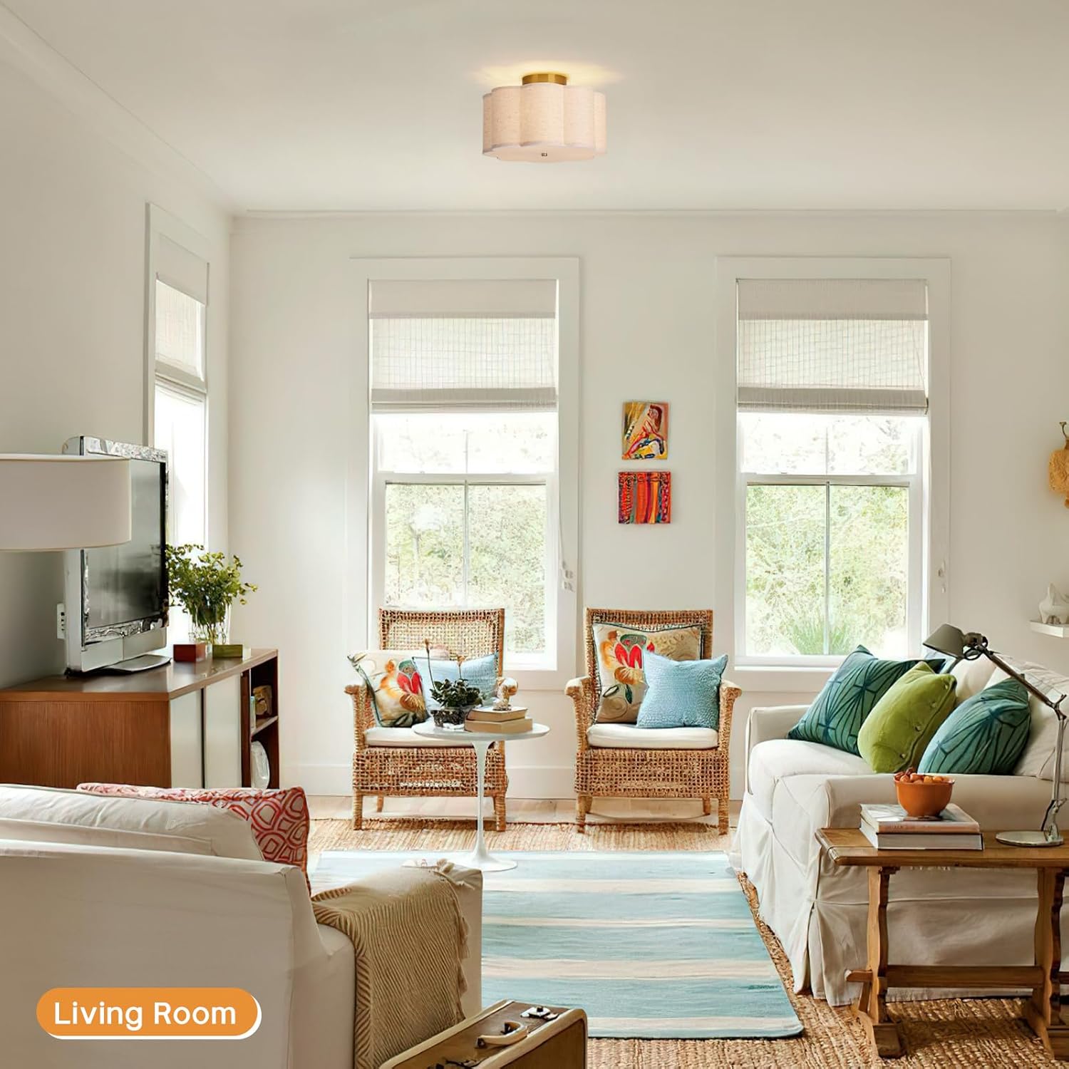 3-Light Flush Mount Ceiling Light,12.6inch Drum Ceiling Light Fixture,Entryway Light Fixtures Ceiling Mount with Linen Fabric Shade, Flush Mount Light Fixture for Bedroom, Living Room