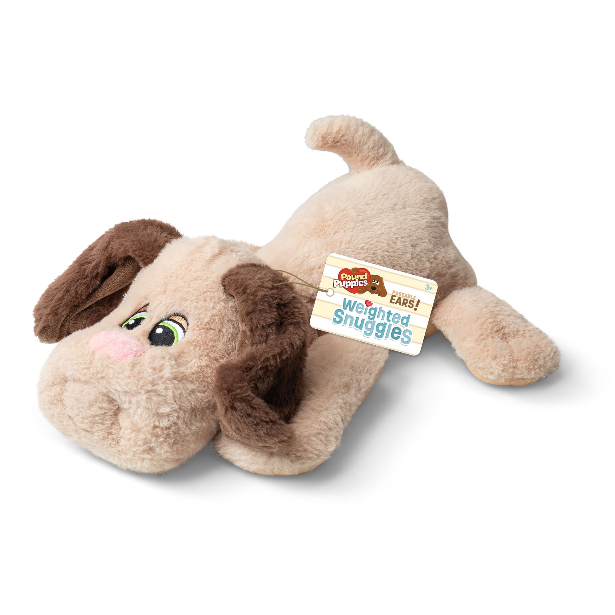 Basic Fun Pound Welpen Weighted Snuggles Plüsch – Hellbraun mit braunen Ohren – Weiches, kuschelbares Komfortspielzeug mit klassischem Stil – Für Alter 3+