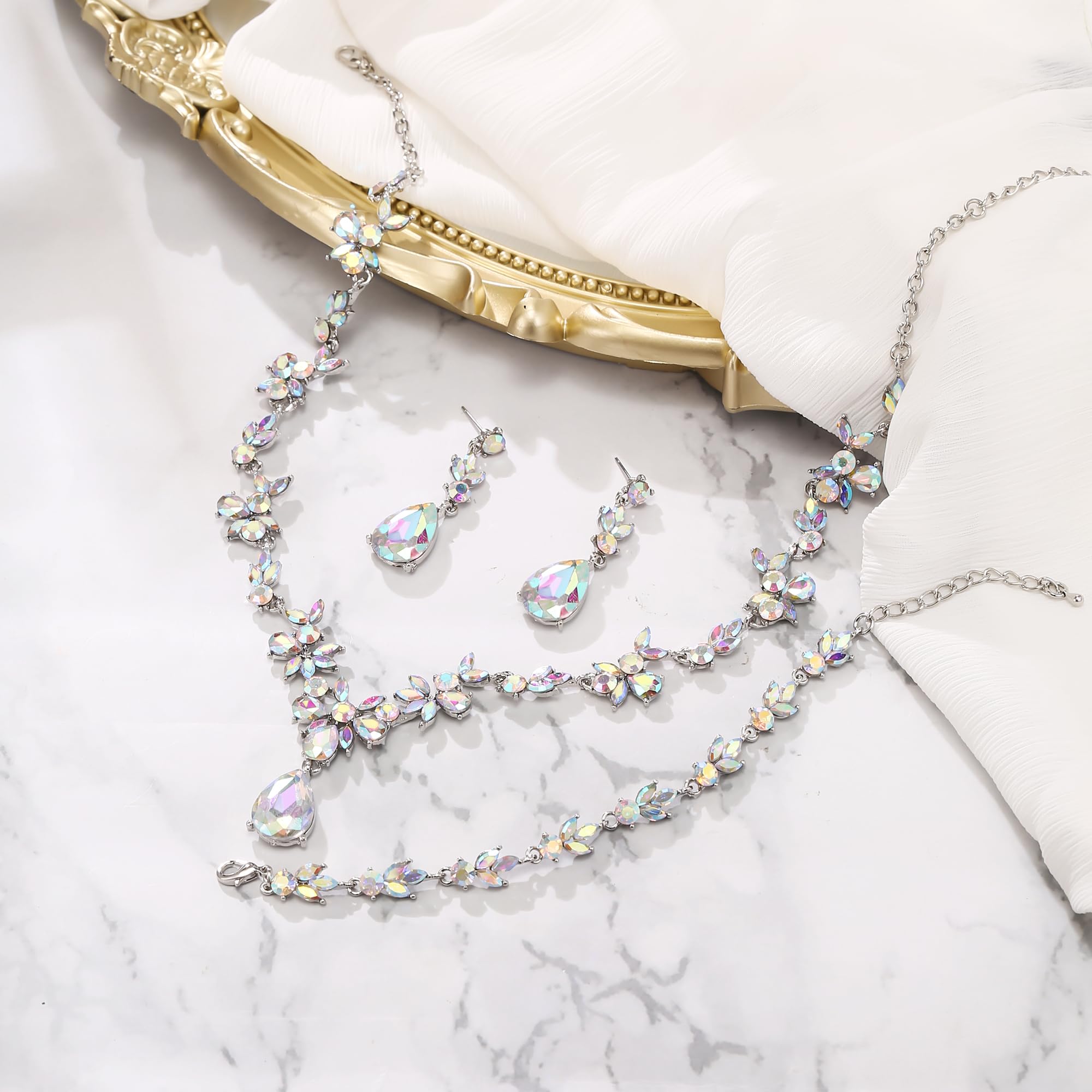 Set di gioielli da sposa per donna, collana a Y, bracciale tennis e orecchini pendenti, set di cristalli a goccia, marquise cluster per damigella d'onore blu argento,