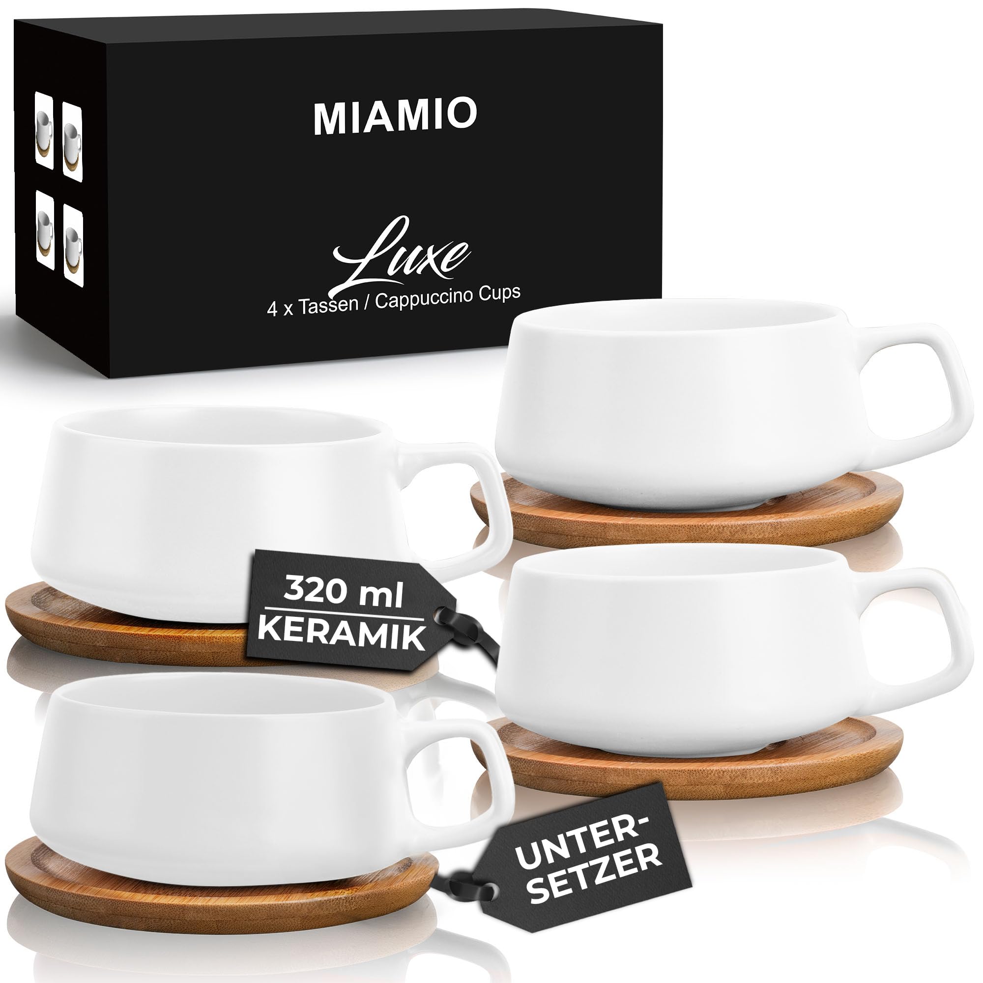 MIAMIO - 4 x 320 ml Kaffeetassen/Cappuccino Tassen mit Unterteller/elegant/modern/Kaffeebecher aus Steingut - Luxe Kollektion 4er Set (Cremeweiß)