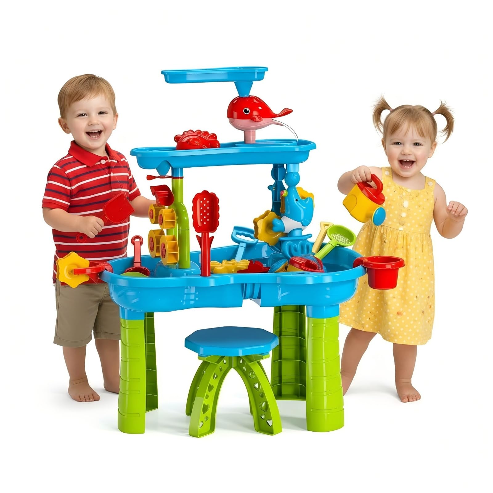 eaacaa Water Table with Chair – 3-Tier Sand Water Sensory Table Toys for Toddlers & Kids Ages 3-8, Outdoor Backyard & Beach Play, Ideal Gift for Boys & Girls