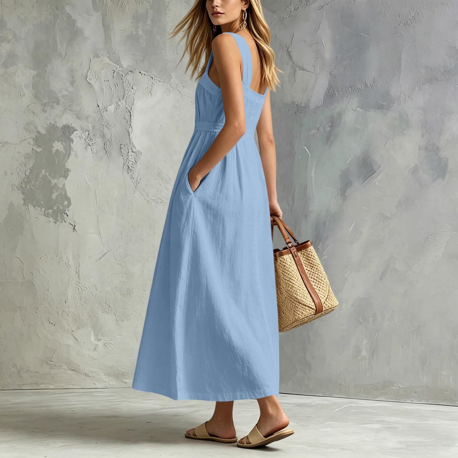 Vestidos de lino para mujer, vestido largo de verano con botones frontales, acampanado, cuello cuadrado, vestido casual de verano con bolsillos