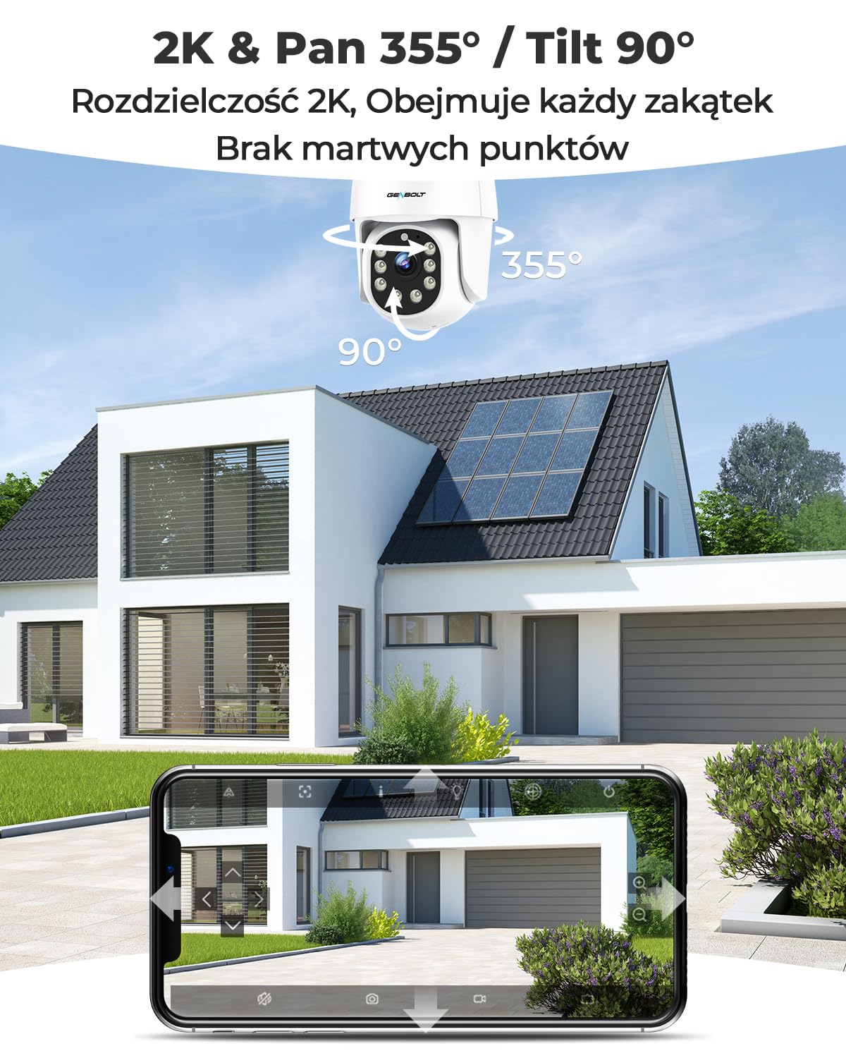 GENBOLT 2K AOV WiFi Kamera Zewnętrzna Solarna, Nagrywanie 24/7 Kamera IP Zewnętrzna Monitoringu PTZ z Wykrywaniem AI 90FT, Kamera CCTV Baterią 8W 10400 mAh, Automatisk Spårning, Aktivt försvar