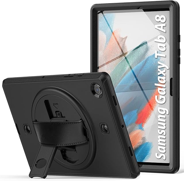 SEYMAC Case for Samsung Galaxy Tab A8 10.5 inch 2022 (SM-X200/SM-X205/SM-X207),Shockproof Case with Screen Protector, 360° Rotating Hand Strap/Stand, Pencil Holder, Shoulder Strap for A8 Tablet, Black
