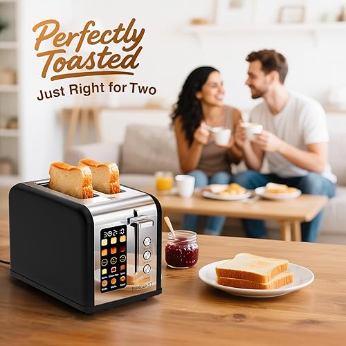 Miniatura 9 de Tostadora de pantalla táctil de 2 rebanadas, tostadora de acero inoxidable con ranuras anchas para bagels y pan, funciones de