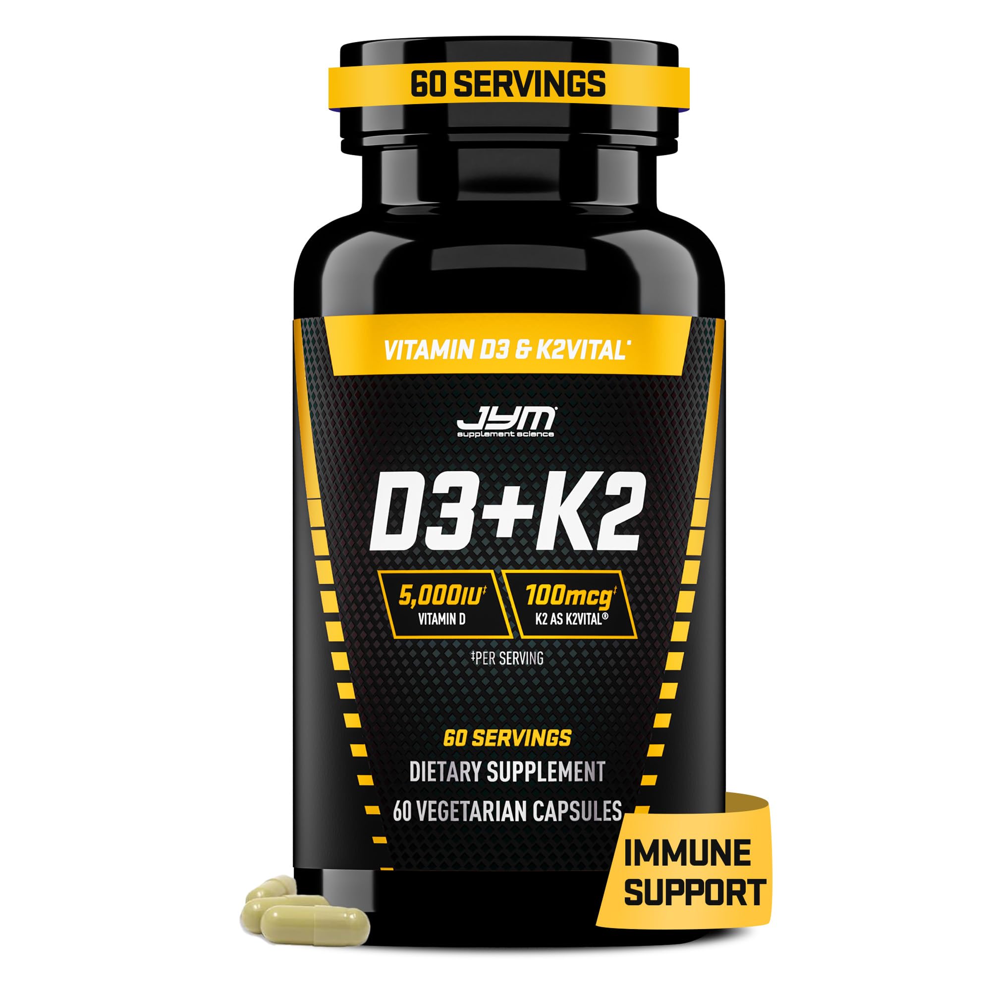 JYM D3 + K2 Supplement, 5000 IU Vitamin D3, 100 mcg K2 MK7-60 Veg Caps