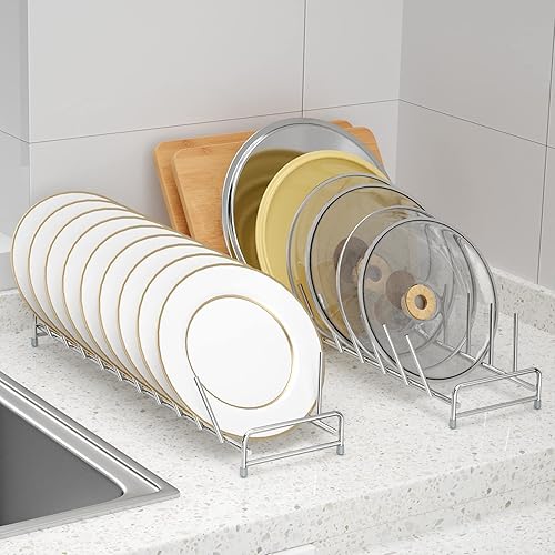 Miniatura 4 de FAWEGO - Organizador de platos de cocina de metal para tablas de cortar tapas de ollas soporte de placa para gabinete mostrador y armario acero