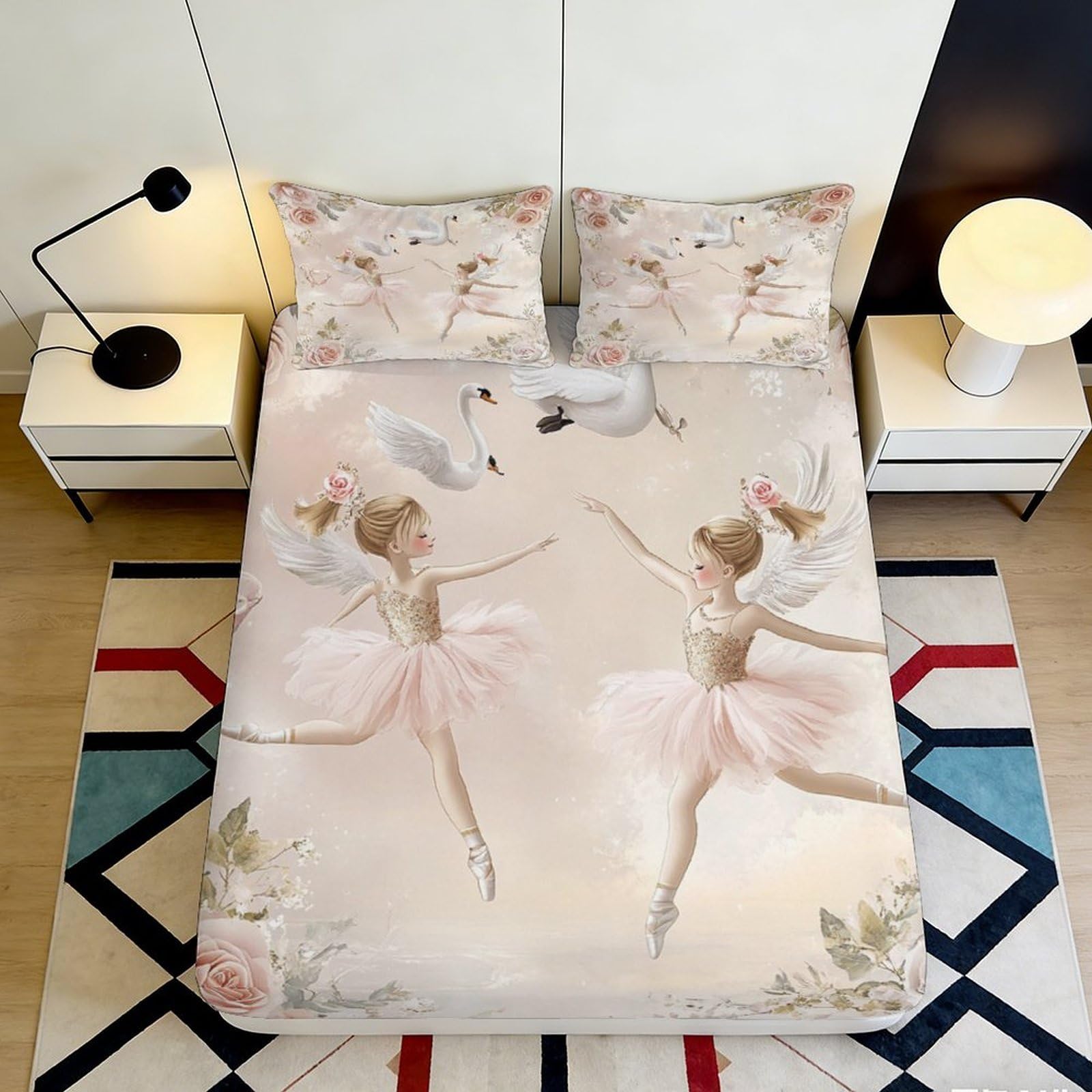 3D Printed Ballet Girl Swan Fitted Sheet Microfiber Pink Artistic Bed Cover for Bedroom Guest Room Decor 90x200x25cm