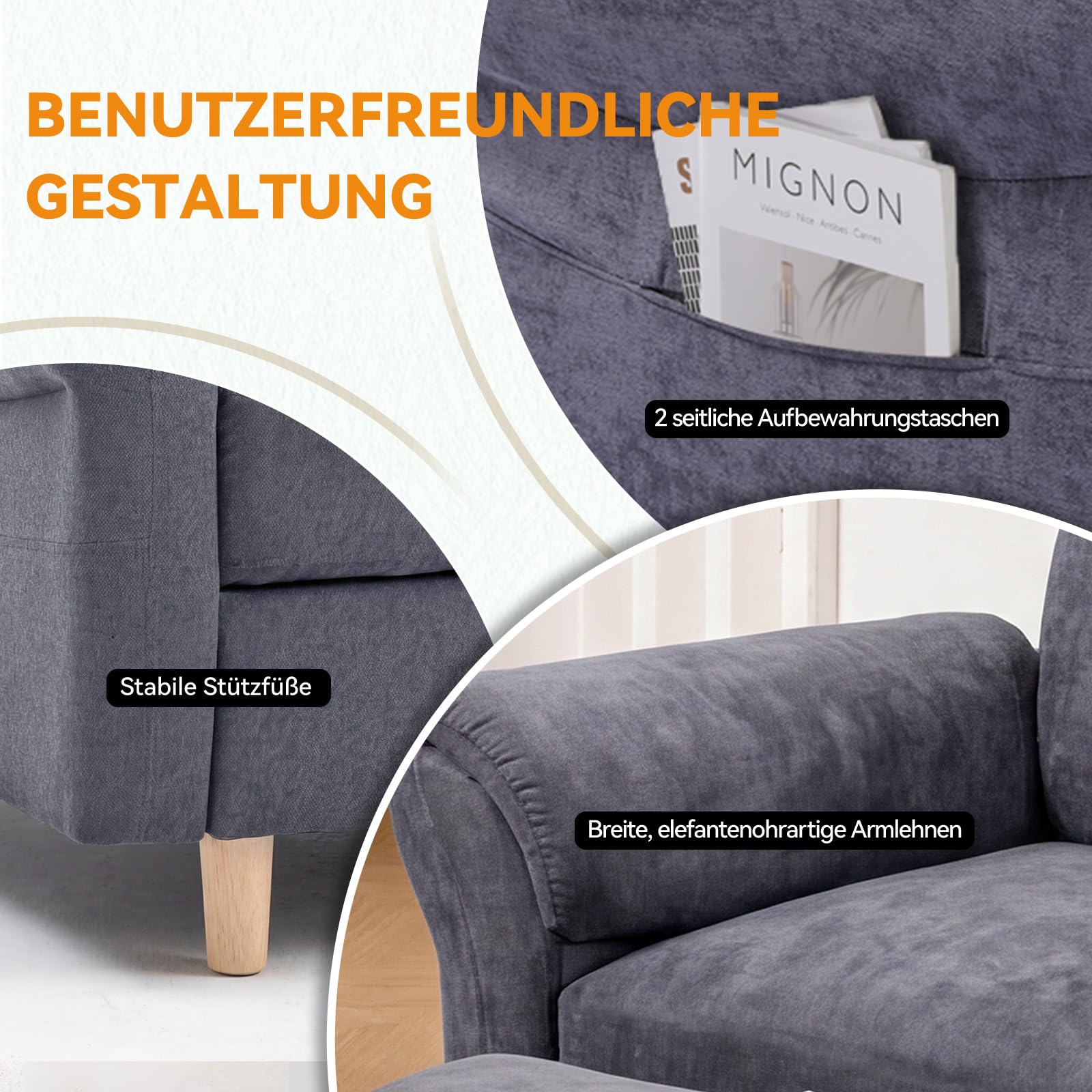 COMHOMA Relaxsessel Fernsehsessel mit Liegefunktion, Liegesessel mit Hocker & 4 Verstellbarer Rückenlehne, Polstersessel Stoff Einzelliegesessel Wohnzimmer Schlafzimmer Heimkino, Chenille, Grau