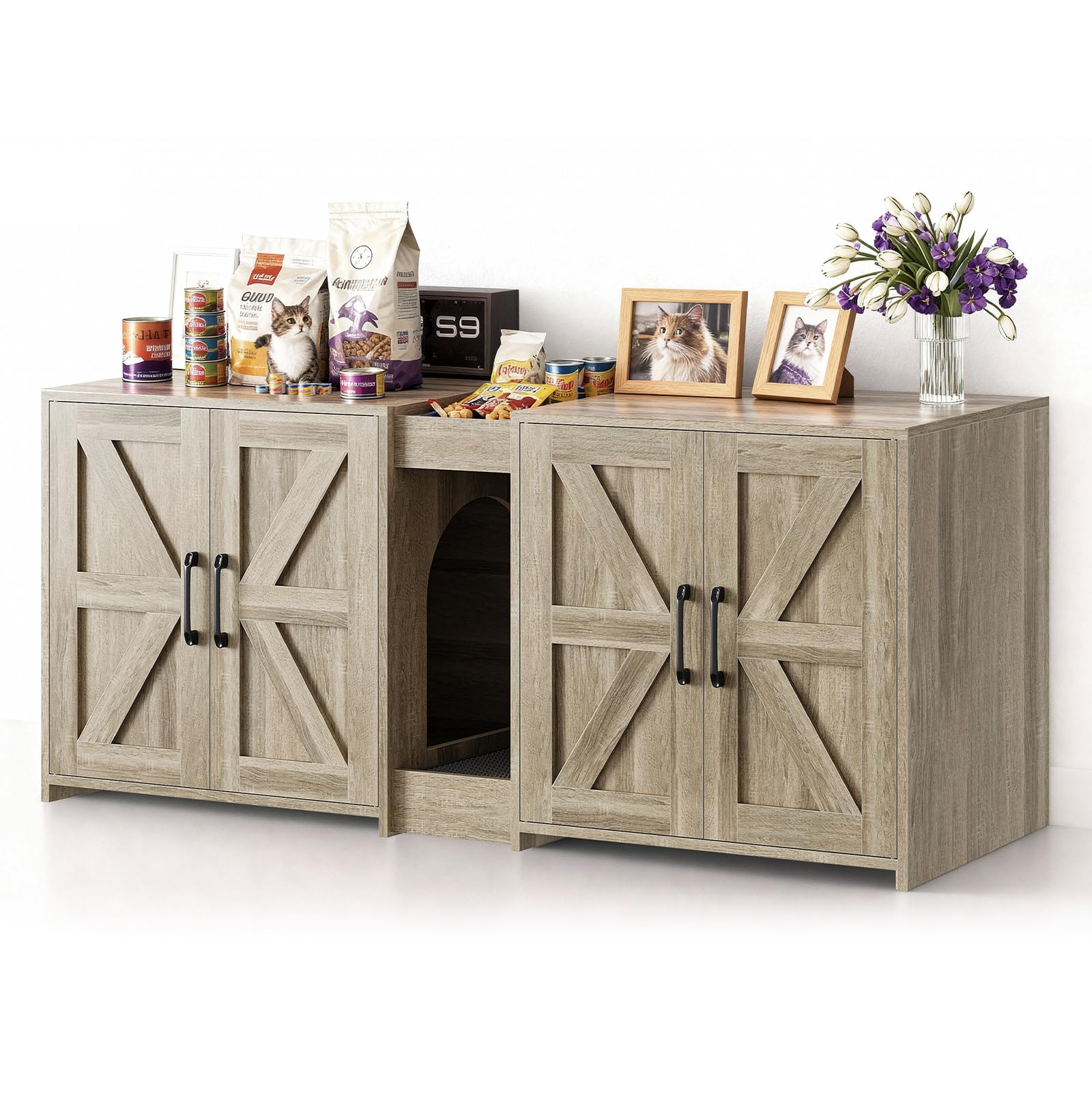 Cat Litter Box Enclosure Furniture - Hidden Litter Box Double Cabinet with Scratch Pad & Cats Bed | Farmhouse Style End Table for Cats | Discreet Cat Washroom for Living Room & Bedroom Grey