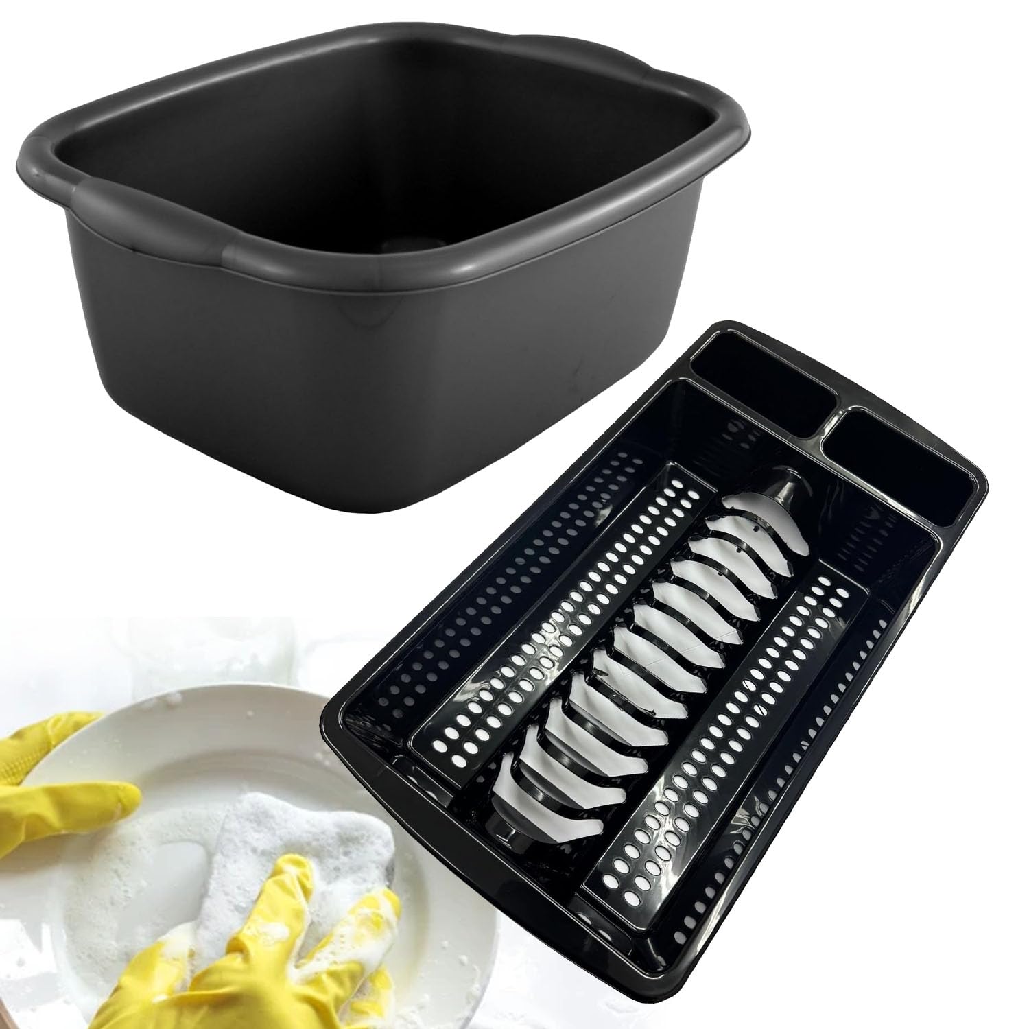 STAR SUPPLIES Rectangular Washing Up Bowl & Dish Rack Sets Ideal For Kitchens & Sinks (Black Washing Up Bowl & Black Dish Drainer Rack)