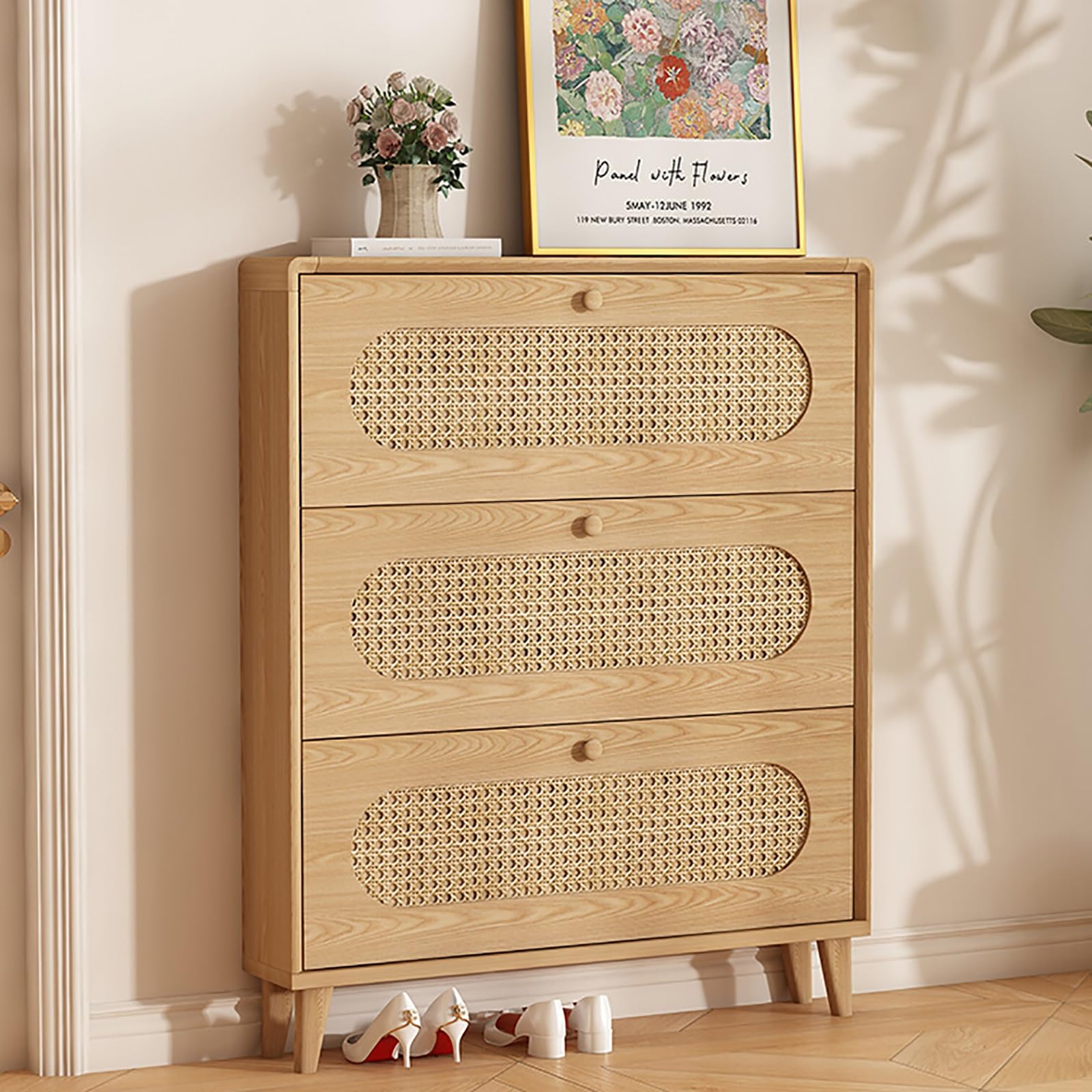 Scarpiera a Ribalta in Rattan Intrecciato Sottile con Cassetti a Ribalta, Mobile D'ingresso Di Grande Capacità per il Corridoio, Mobile D'accento Naturale con Ante in Rattan Fatte a Mano(39.4*10in)