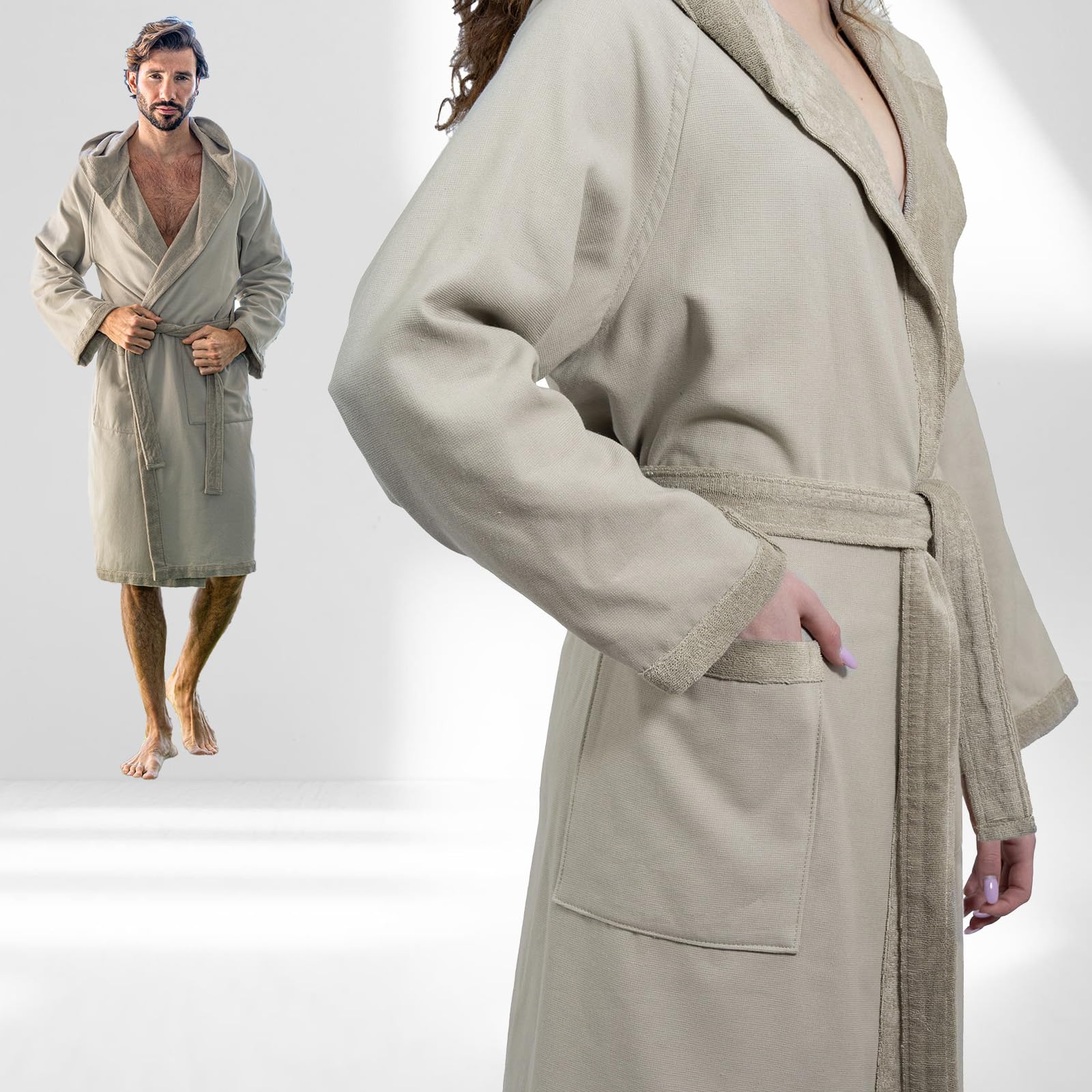 nice homeit Accappatoio Donna e Uomo in Spugna 100% Cotone - Accappatoio Super Assorbente con Cappuccio - Morbido, Leggero, Anti-Pilling, Design Italiano. (XL, TORTORA)