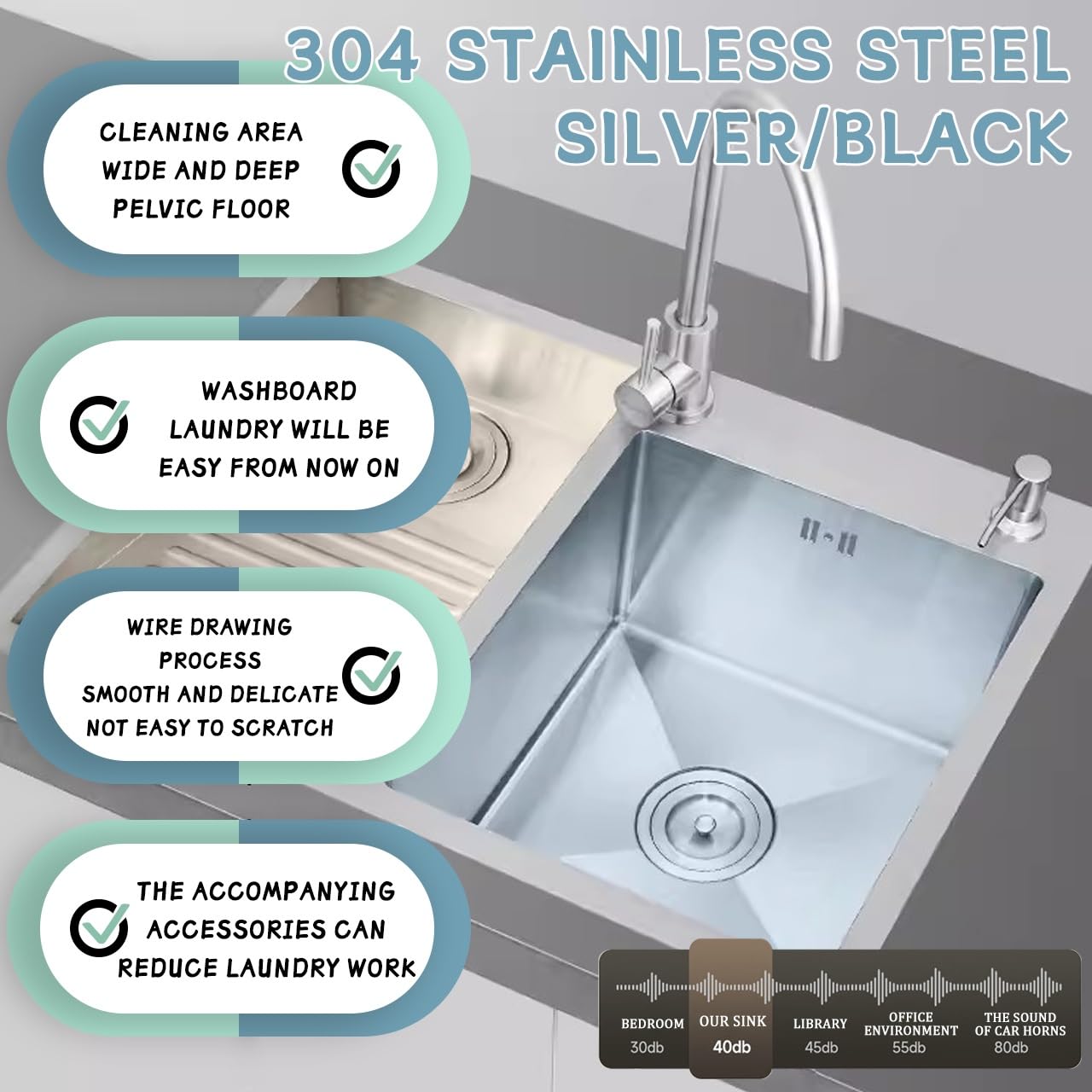 Évier Utilitaire En Acier Inoxydable SUS 304 - Double Cuve Avec Planche À Laver Intégrée Évier À Linge, Facile À Nettoyer, Pour Buanderie, Salle De Bain, Cuisine Et Garage(Silver-L,80x48cm)