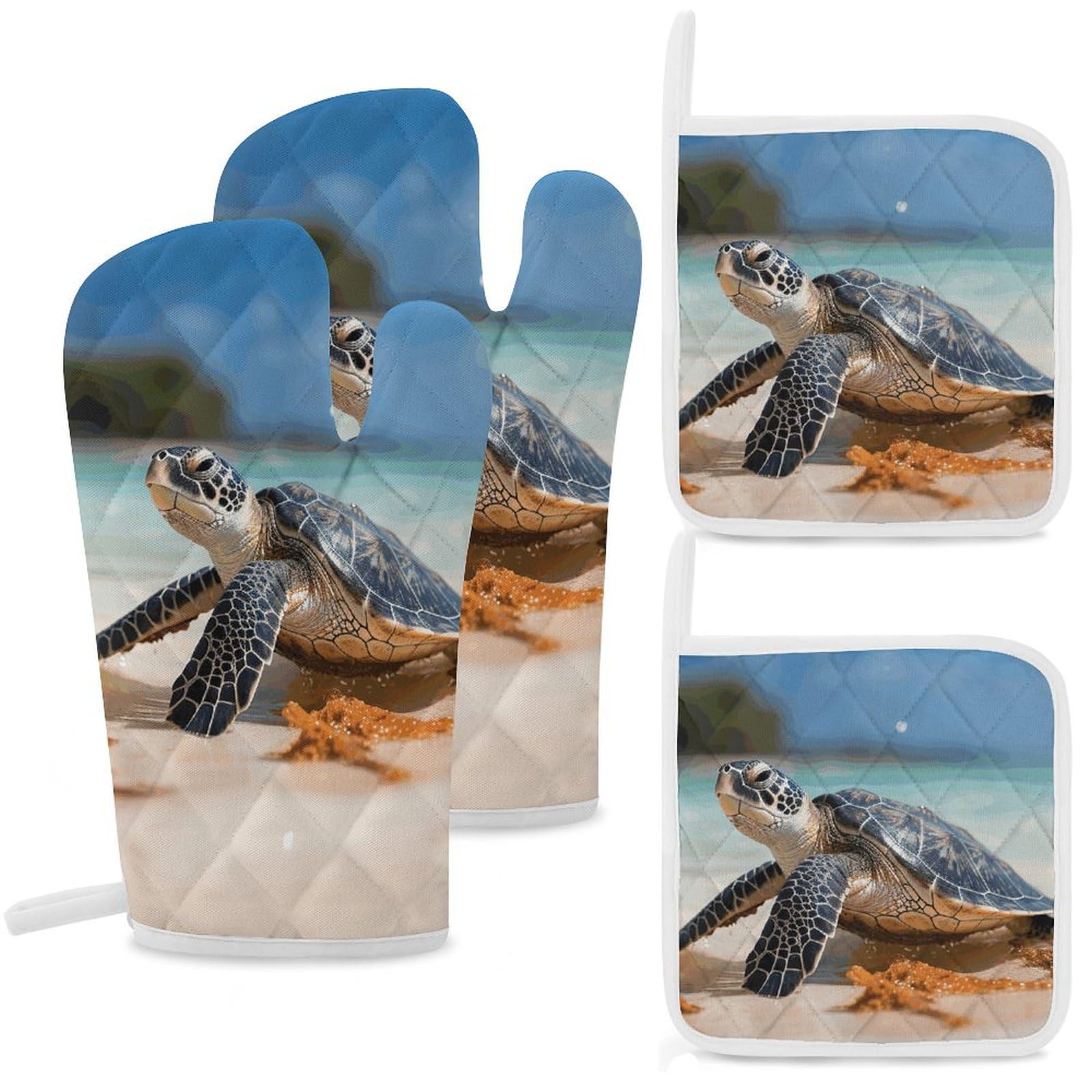 Lot de 4 gants et maniques tortue de mer anti-chaleur pour cuisine et barbecue