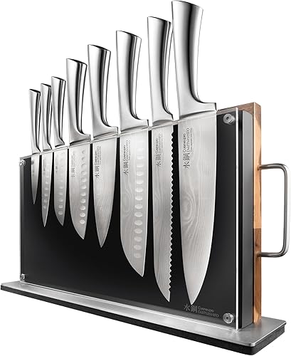 Cuisine::pro Damashiro Knife Block (Bodo, 10 Piece Set) - Premium Japanese Steel Knife Set With Transparent Display - Built-in Magnetic Acacia Wood