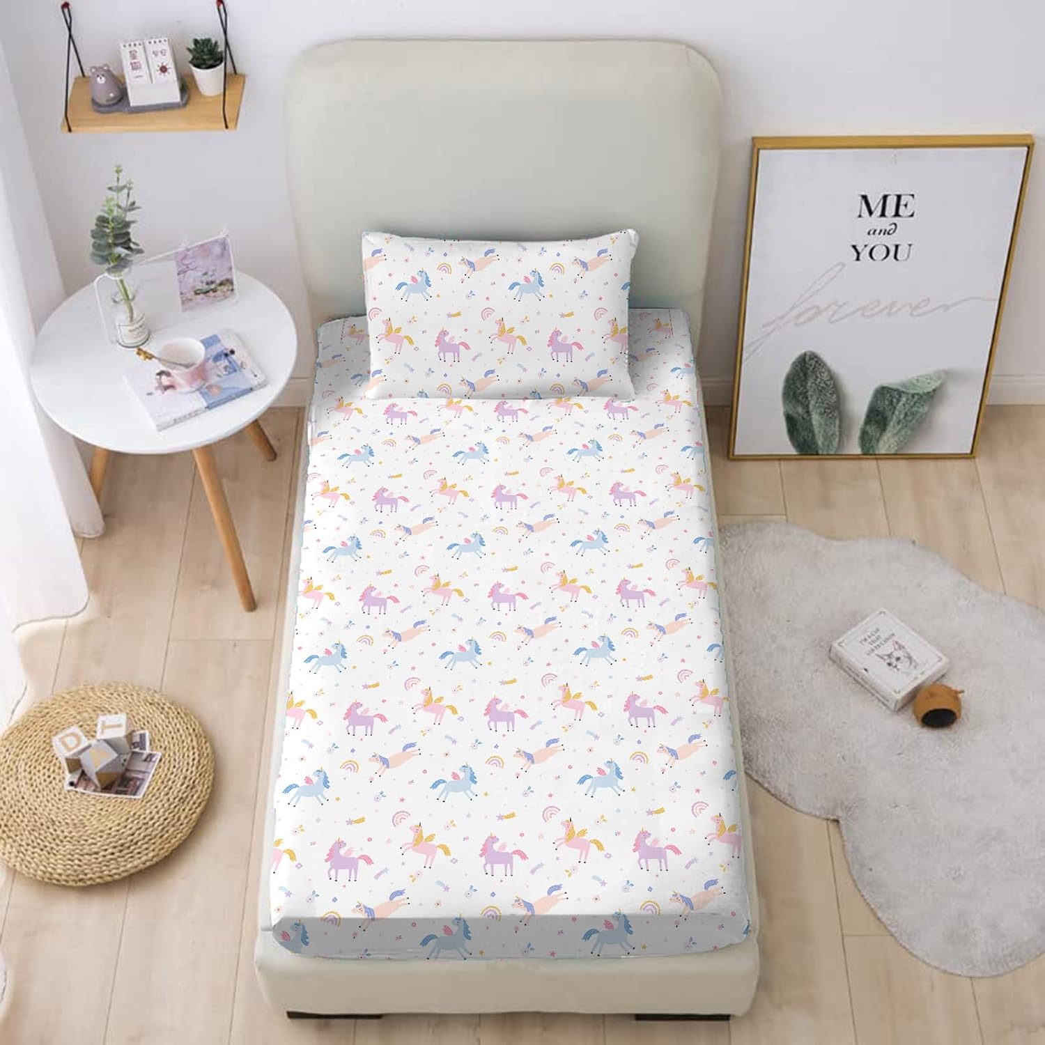 MUSOLEI Unicorn Fitted Sheet Set Full Unicorn Bedding Girls Rainbow Star Sheet Pink Flower Bedding Set 1 Deep Pocket Fitted Sheet with 1 Pillowcase Multi-Colour Kids Girls Gift Twin
