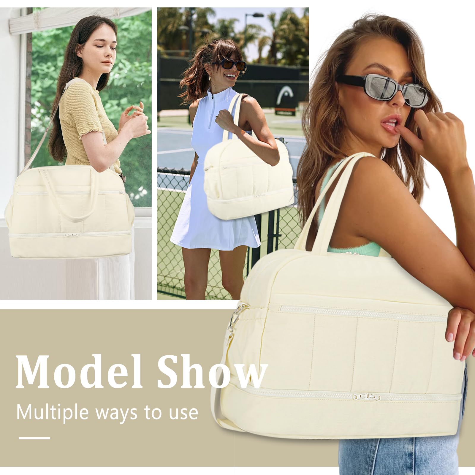 Borsa da viaggio da donna, borsa da viaggio con scomparto per scarpe, borsa sportiva da donna, Beige, Small, Alla moda