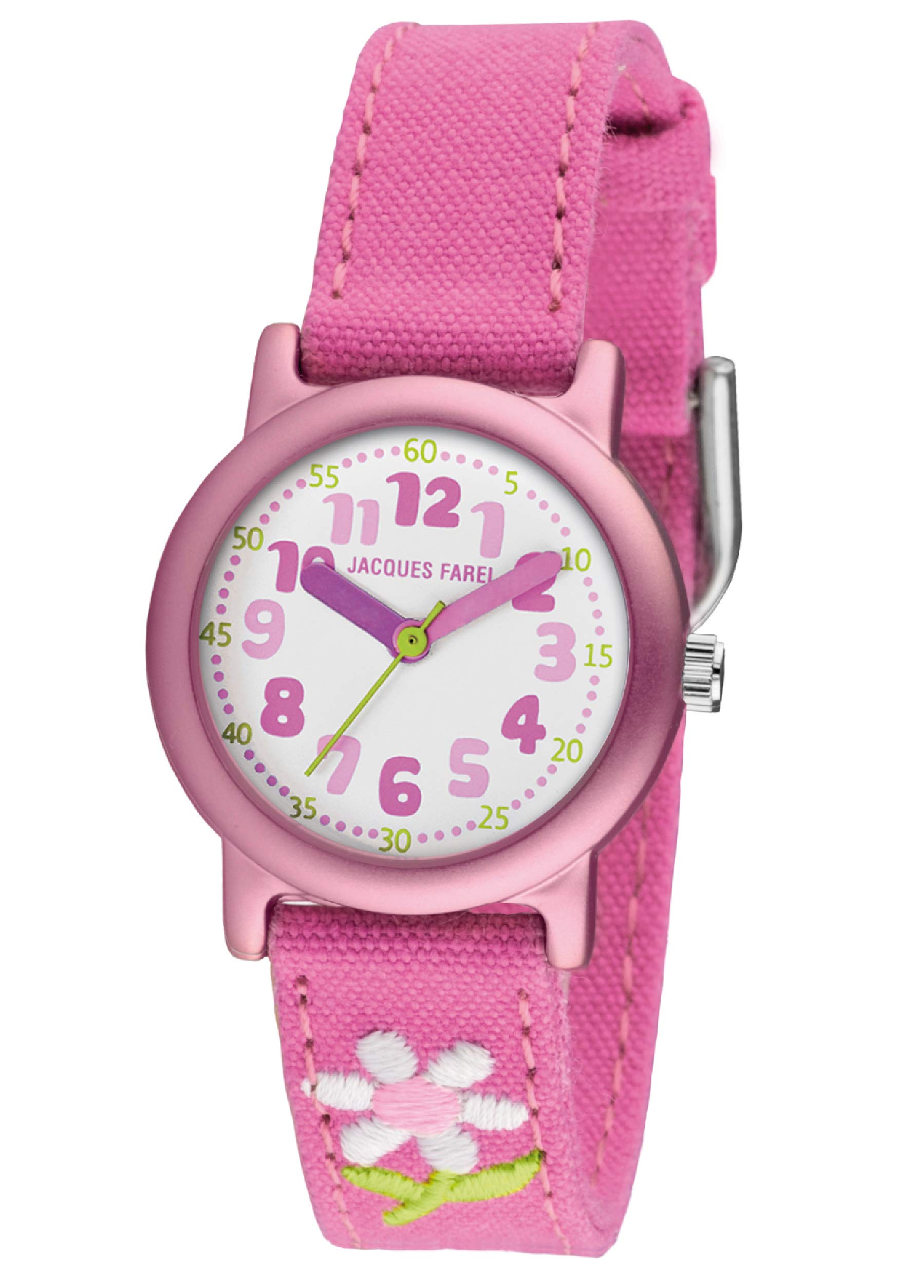 JACQUES FAREL Öko-Kinderuhr Mädchen Armbanduhr mit Stoffband aus Bio-Baumwolle Analog Quarz Blume Rosa Pink ORG 1111