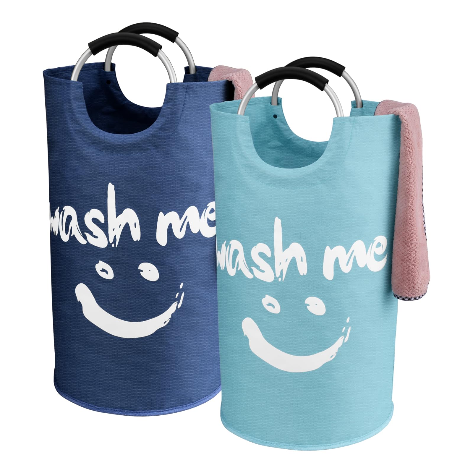 Set de 2 Independiente Cesto Ropa Sucia con 2 Asas 95L, Grande Cestos para la Colada de Tela Oxford 600D, Cesto de Almacenamiento de Ropa Plegable para Juguetes, Toallas (Azul/Azul Oscuro)