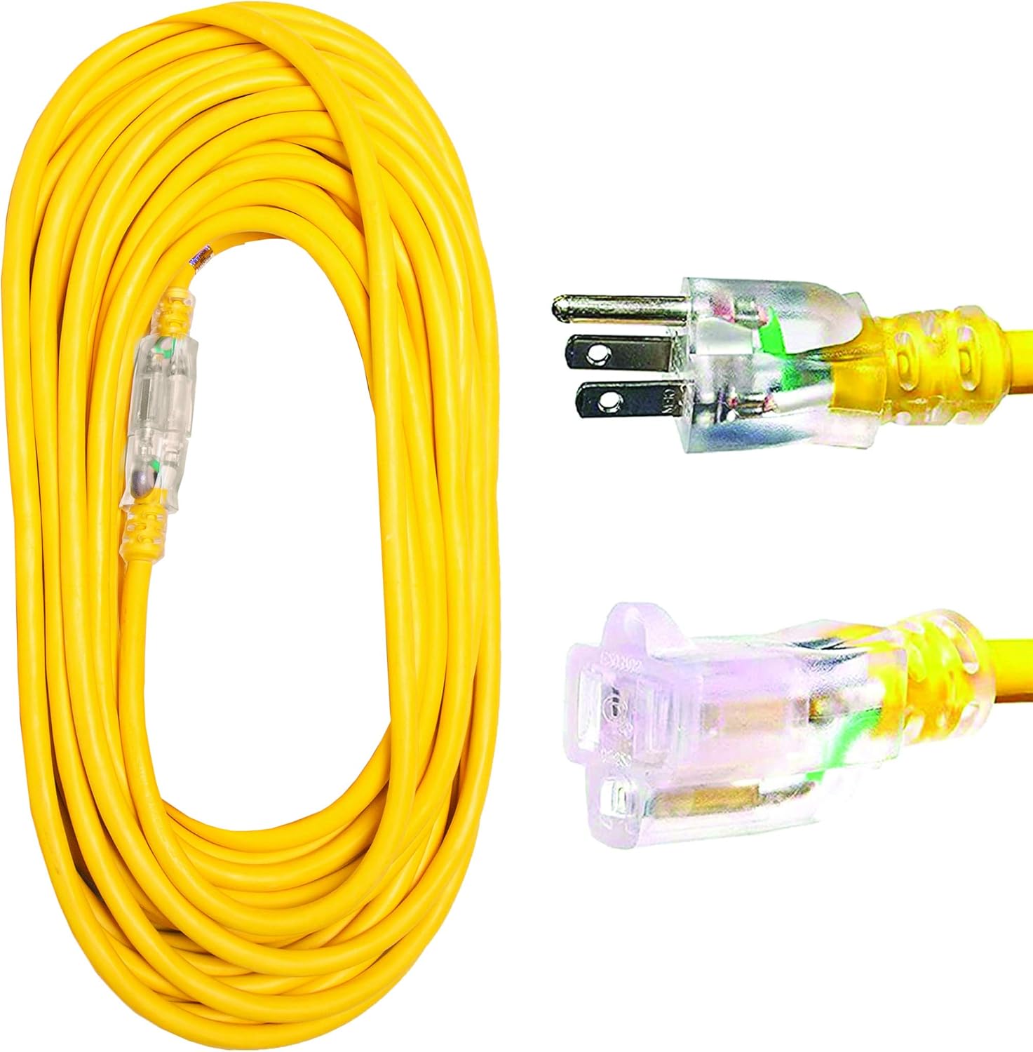 Thonapa 50 Foot Lighted Outdoor Extension Cord - 12/3 SJTW Heavy Duty Yellow Extension Cable with 3 Prong Grounded Plug for Safety - Great for Garden and Major Appliances