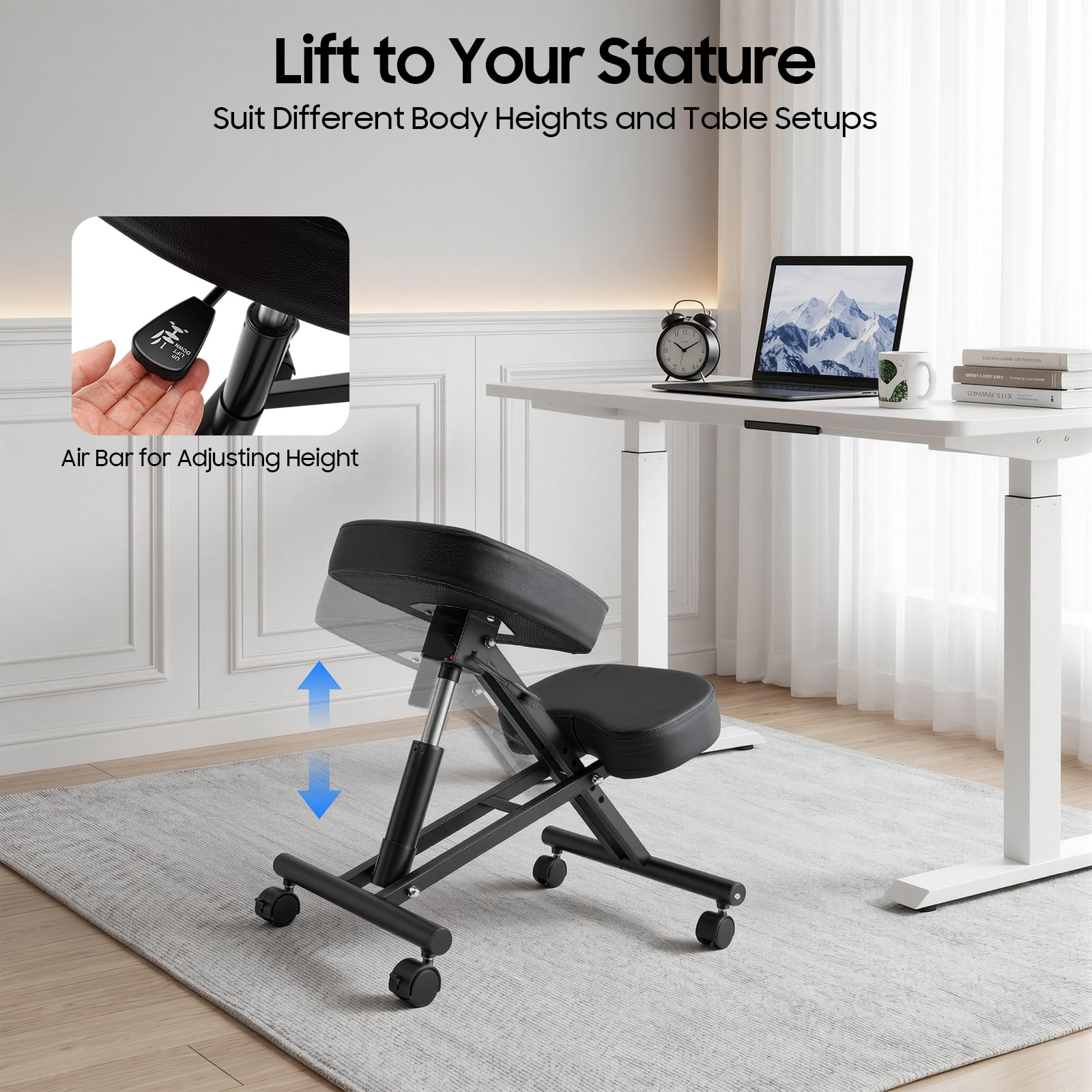 Chaise genoux, ergonomique, avec roulettes et réglage de la hauteur, capacité de charge de 100 kg, chaise de bureau, pour correction de la posture, tabouret avec coussin d'assise respirant