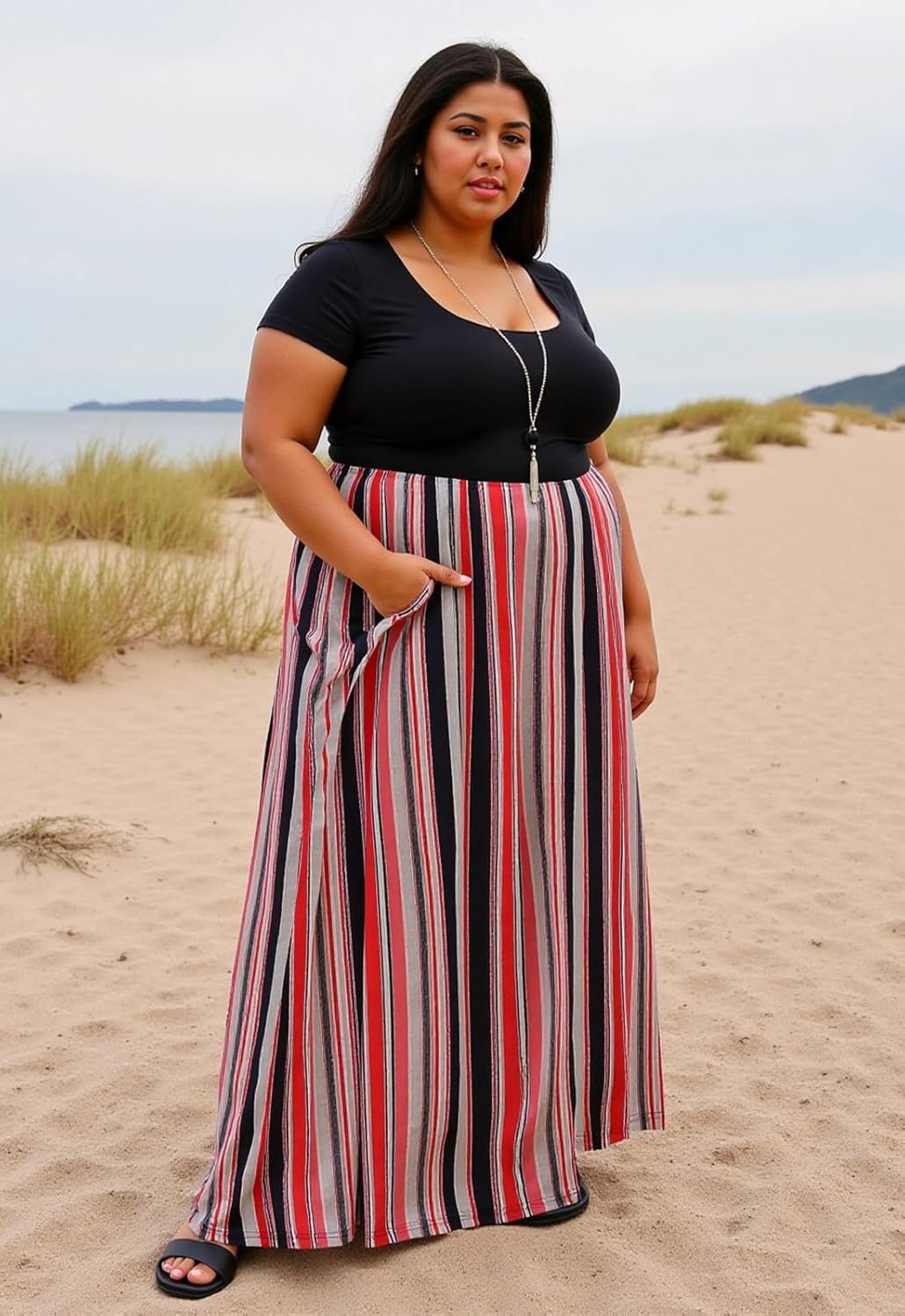 Nemidor Plus Size Maxi Dresses for Curvy Women Casual Short Sleeve Chevron Print Long Dress with Pocket 14-26 - Image 6