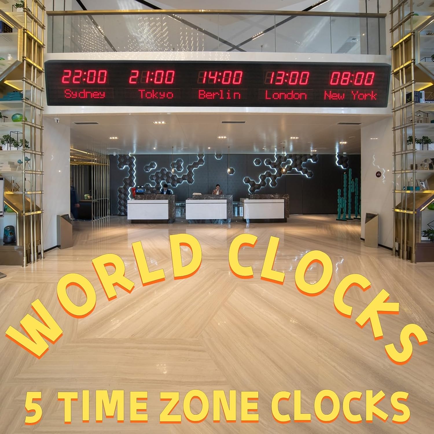World Clock Multiple Time Zones, 5 Time Zone Clocks, LED Digital World Clock with Remote Control, City Can Be Changed, for Hotels, Multinational Airports, Entertainment Venues