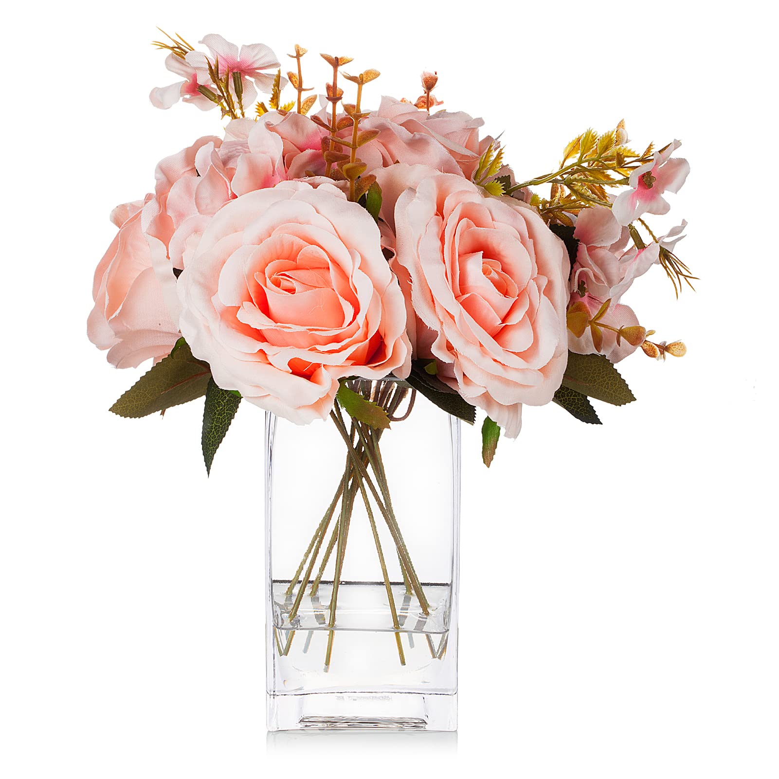 Enova Floral Silk Rose Flowers with Vase, Artificial Silk Faux Floral Arrangement in Glass Vase with Faux Water for Dining Table Wedding Centerpieces, Home Decor (Pink)