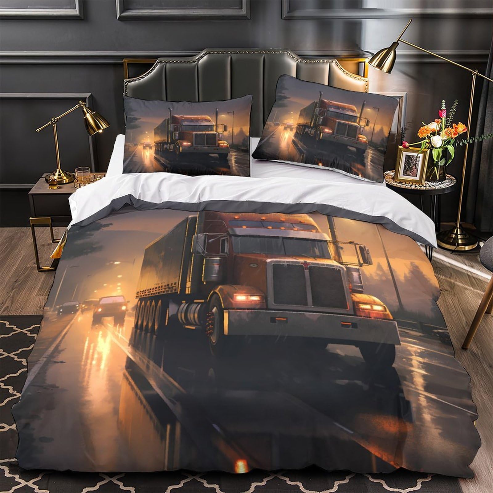 Housse de couette camion 3D en microfibre 140x200 cm avec sa taie d'oreiller pour lit simple