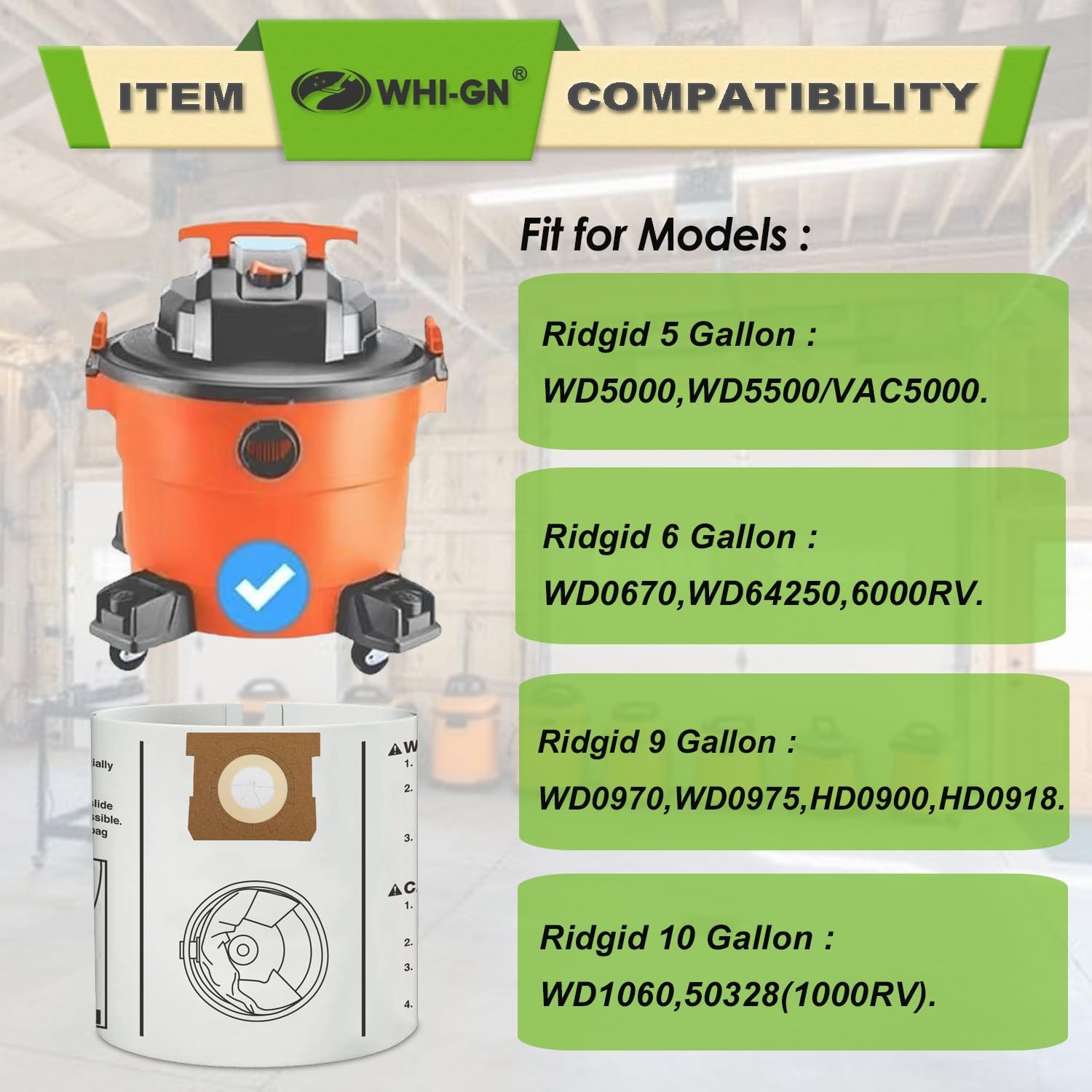 12 Pack VF3503 Shop Vac Bags for Rigid 6 to 9 Gallon Wet/Dry Vacuums, Size b High Efficiency Dust Collection Filter Bags